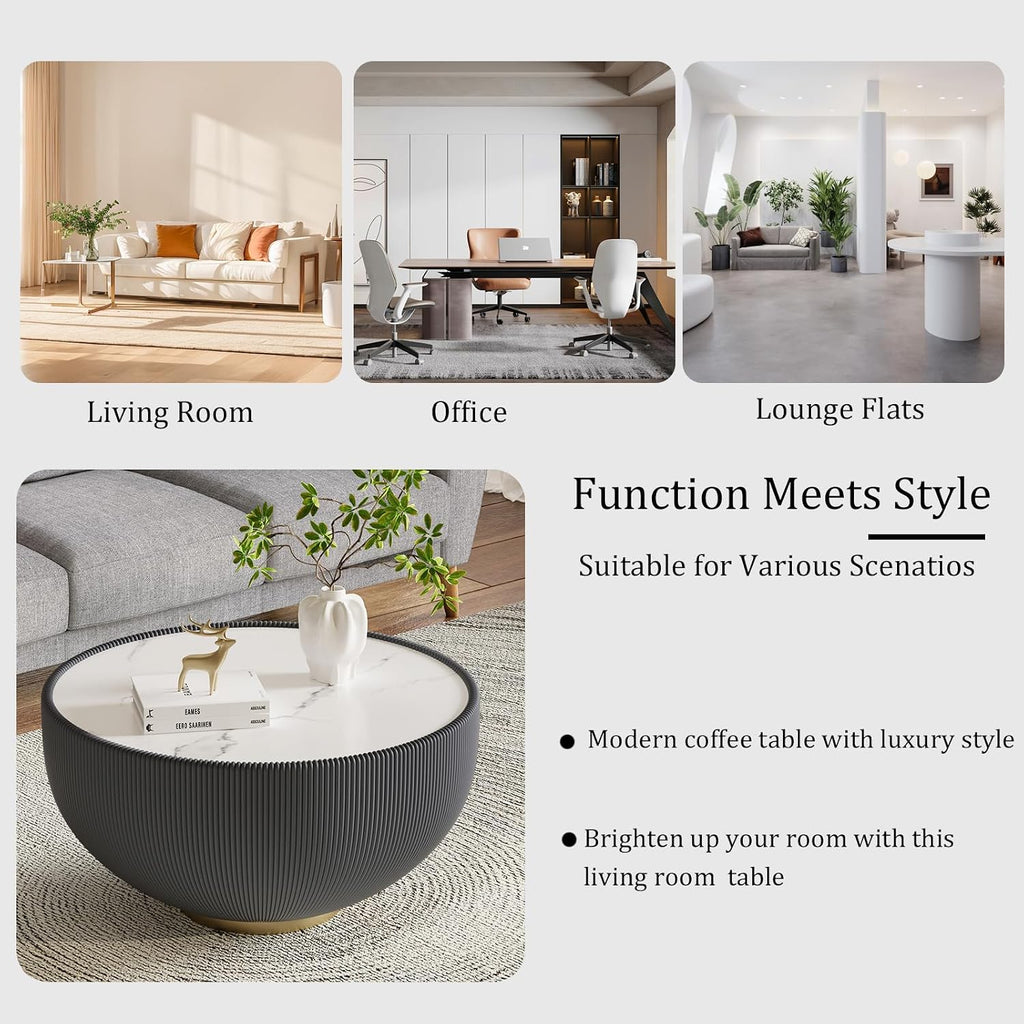 Grey Round Coffee Table with Sintered Stone Tabletop, 27.56' Drum Coffee Table with Fluted PU Leather Covered and Metal Base, Circle Cocktail Tea Table for Living Room