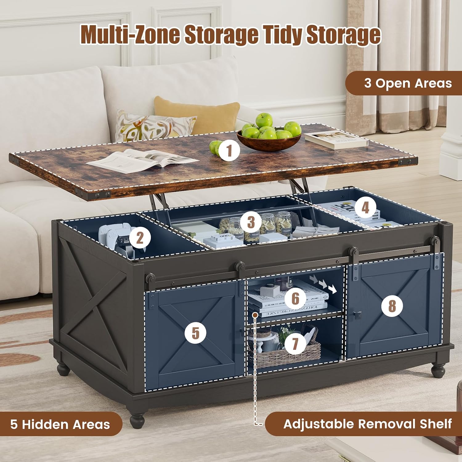 ALLSTAND 48' Farmhouse Lift Top Coffee Table with Storage Sliding Barn Door & Large Hidden Compartment, Coffee Table with Lifting Top with Wooden Lift Tabletop, Coffee Tables for Living Room, Black