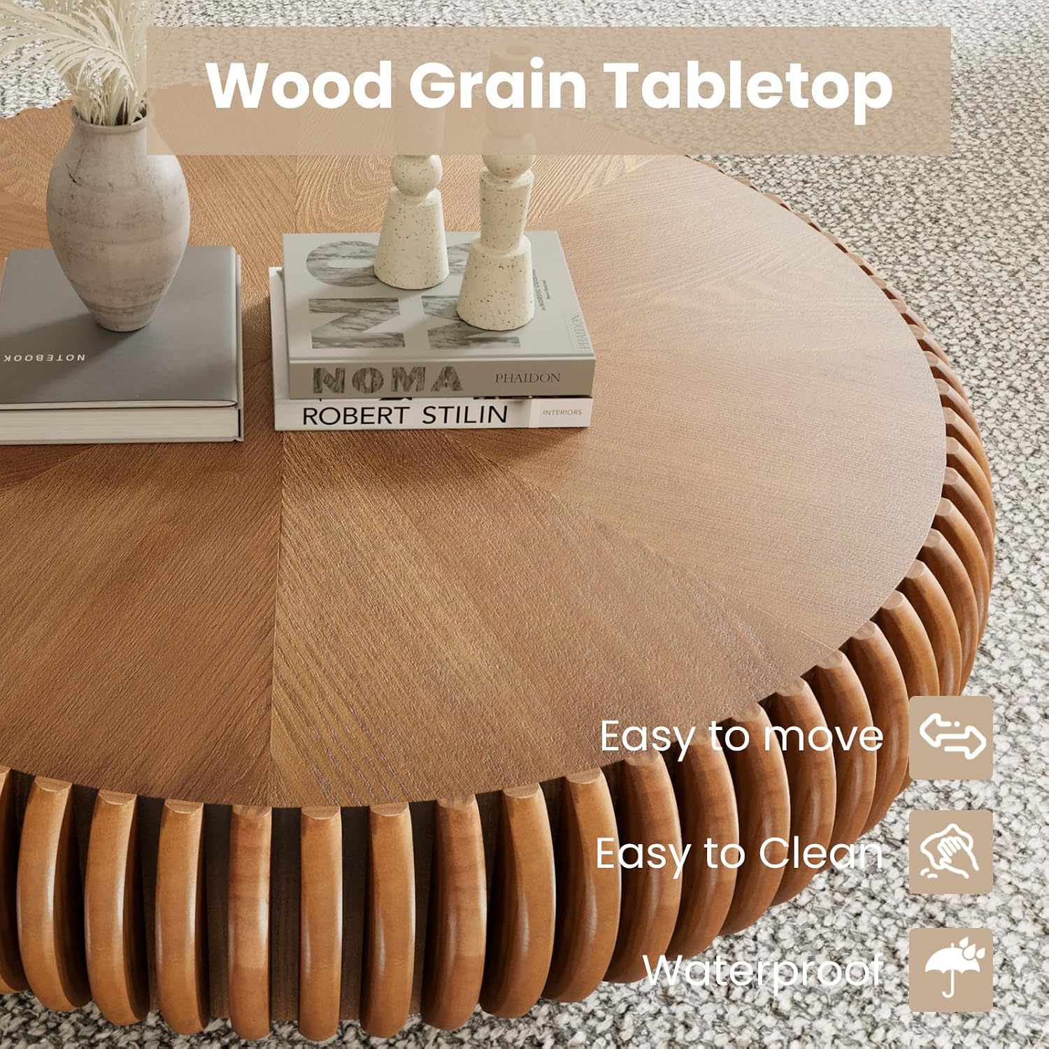 Fluted Drum Coffee Table Round Coffee Table for Living Room Mid Century Modern Coffee Tables with Sturdy Pedestal Circle Center Tea Table Accent Tea Table for Small Space Apartment (31.5' Brown)