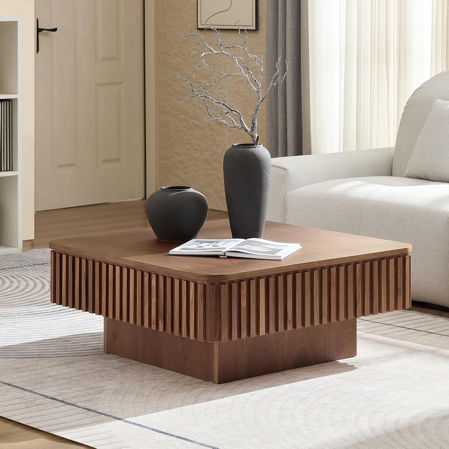 Lift Top Coffee Table Modern Handcraft Drum Coffee Table Table with Hidden Storage Space, Square Center Table for Living Room Apartment, Walnut