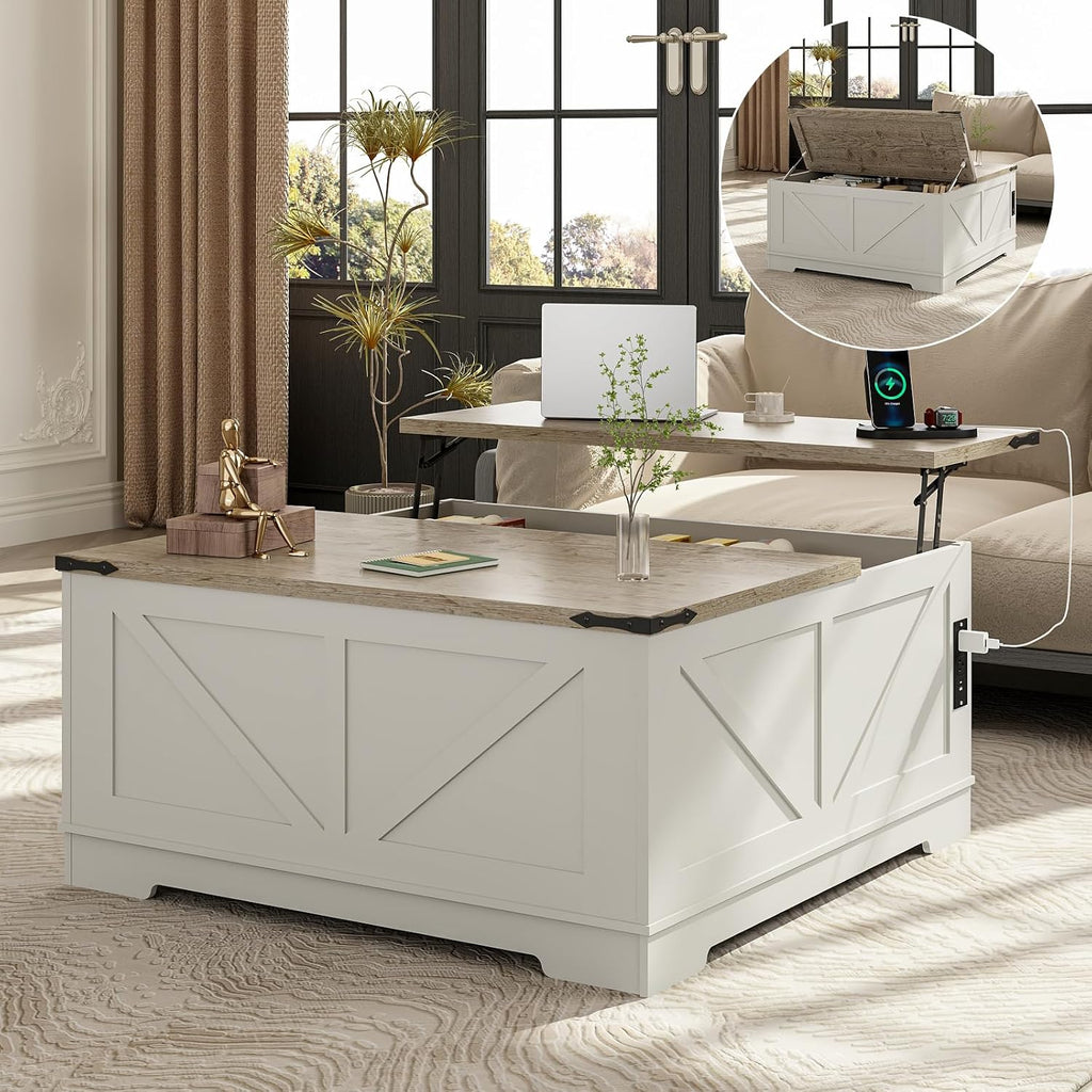 EAG 40' Large Farmhouse Lift Top Coffee Table with Hidden Compartment & Power Outlets, Square Wooden Coffee Table with Multi-Function Flip-Top Ample Storage Center Table for Living Room, White