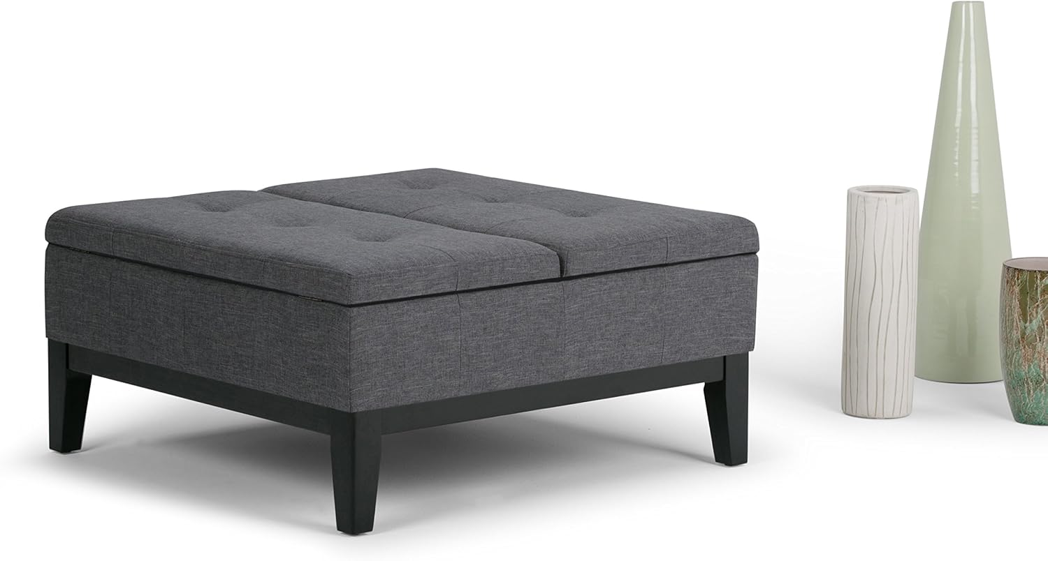SIMPLIHOME Dover 36 inch Wide Contemporary Square Coffee Table Storage Ottoman in Slate Grey Linen Look Fabric, Assembled, For the Living Room and Bedroom