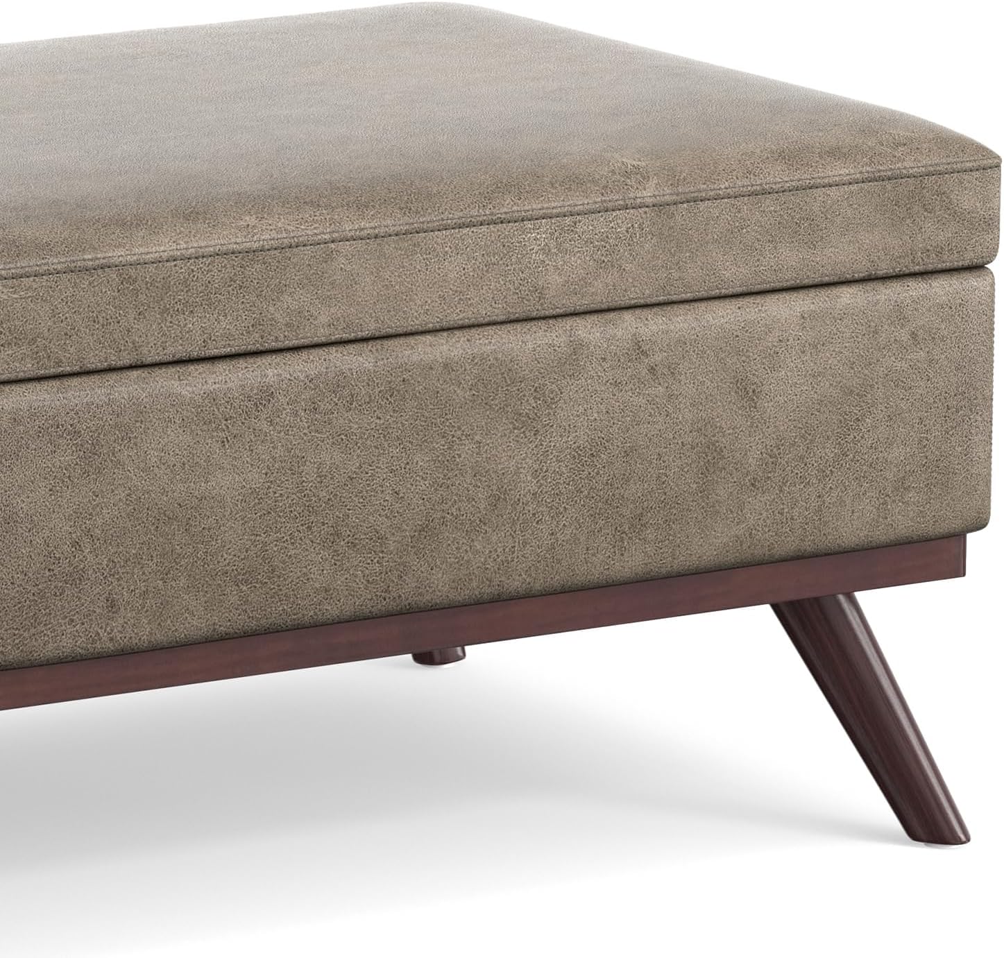 SIMPLIHOME Owen Lift Top Coffee Table Storage Ottoman - 42 inch Wide Upholstered Vegan Leather Rectangular Lift-Top Ottoman in Distressed Smoky Grey Brown, Mid-Century Modern Ottoman for Living Room