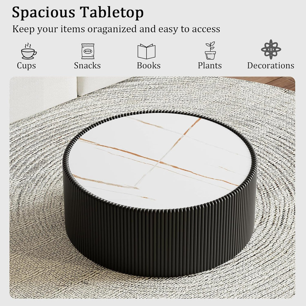 Round Coffee Table Set with Sintered Stone Tabletop, 29.52' Black Drum Center Table and 17.71' Black Coffee Table Set, 2 Pieces Living Room Table Set with Fluted PU Leather Cover& Stable Base