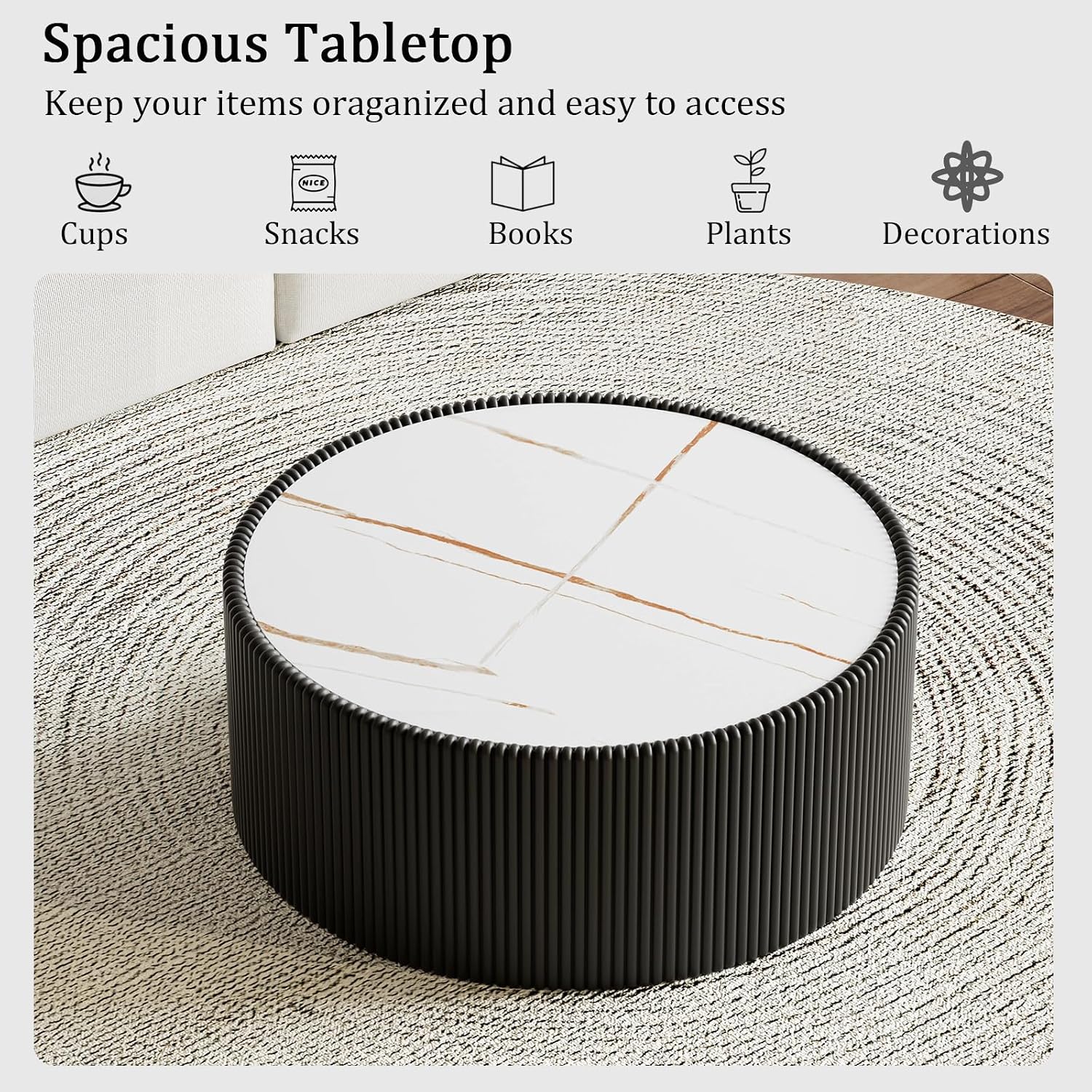 Round Coffee Table Set with Sintered Stone Tabletop, 29.52' Black Drum Center Table and 17.71' Black Coffee Table Set, 2 Pieces Living Room Table Set with Fluted PU Leather Cover& Stable Base