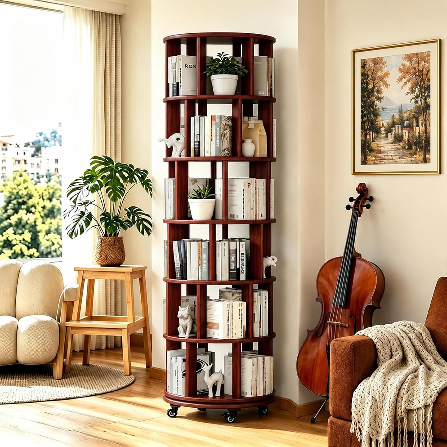 6 Tier Rotating Solid Wood Bookshelf, Corner Small Bookshelf Lazy Susan Organizer,Circular Rotating Spinning Bookshelf on Wheels, Revolving 360° Bookshelf for Small Spaces for Bedroom