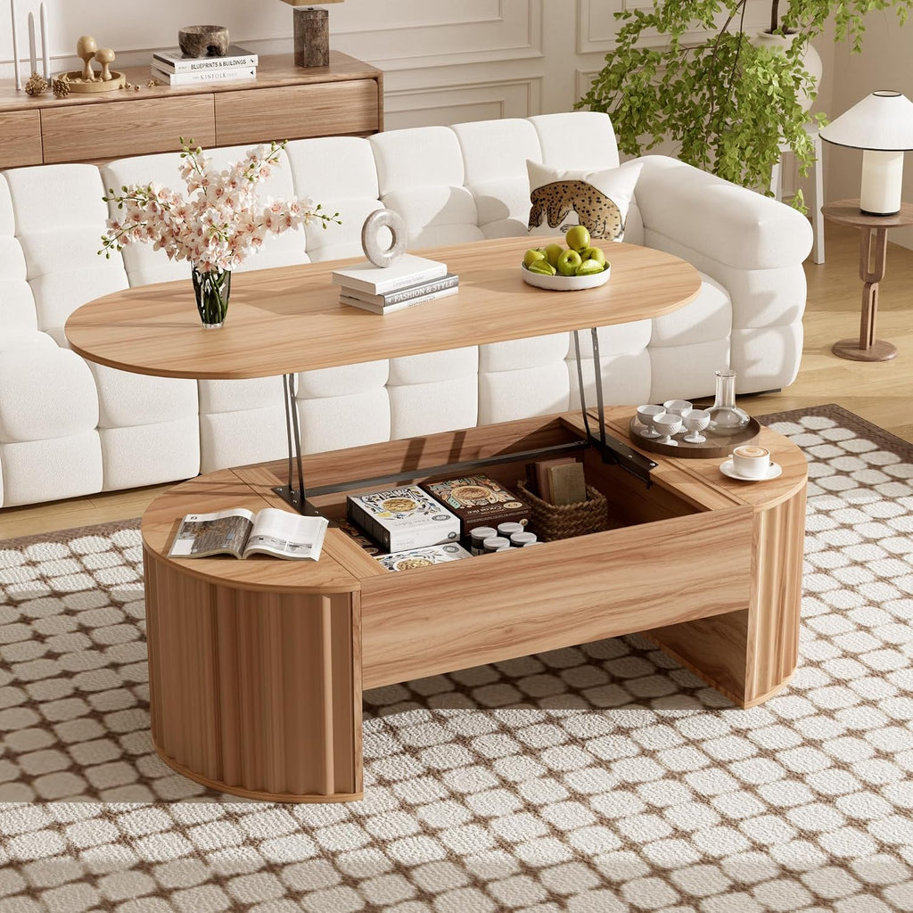 Oval Coffee Table with Lifting Top for Living Room Lift Up Coffee Table with Storage Modern Smart Coffee Tables with Lift Top Fluted Wooden Center Tables Light Brown 47.2'