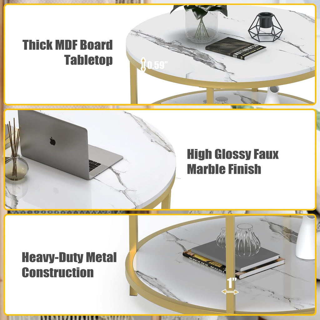 WiberWi Round Coffee Table 33.5' Coffee Tables for Living Room High Glossy Faux White Marble Top Modern Circle Table Sturdy Gold Metal Frame Legs Cocktail Table with Storage Open Shelf
