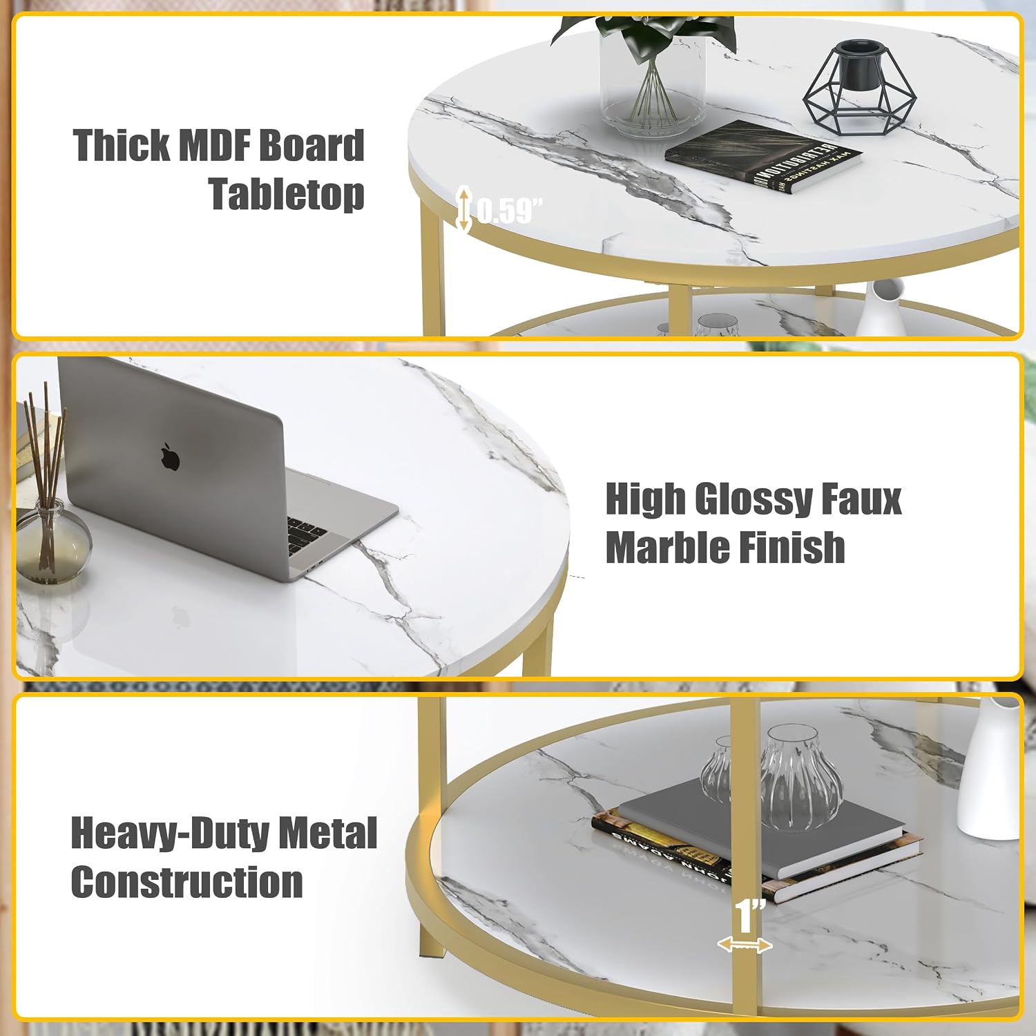 WiberWi Round Coffee Table 33.5' Coffee Tables for Living Room High Glossy Faux White Marble Top Modern Circle Table Sturdy Gold Metal Frame Legs Cocktail Table with Storage Open Shelf