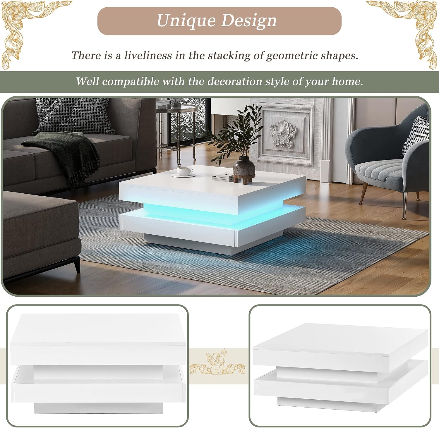 Square Coffee Table, Modern High Gloss White Coffee Table with Plug-in 16-Color LED Lights, 2-Tier Center Table for Living Room, White