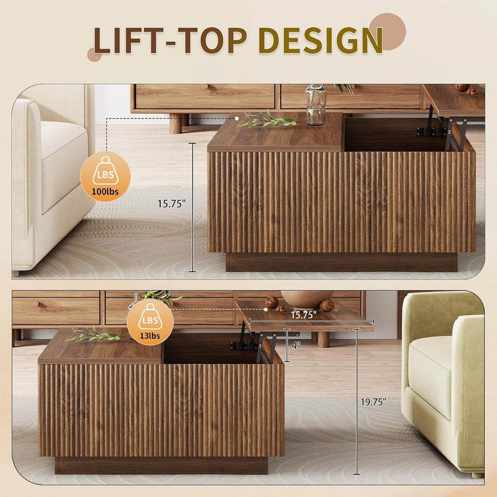 Epecoya Lift Top Coffee Table, Farmhouse Square Fluted Center Table, 31' Modern Wooden Tea Table with Hidden Storage for Living Room, Apartment, Small Spaces, Brown Walnut