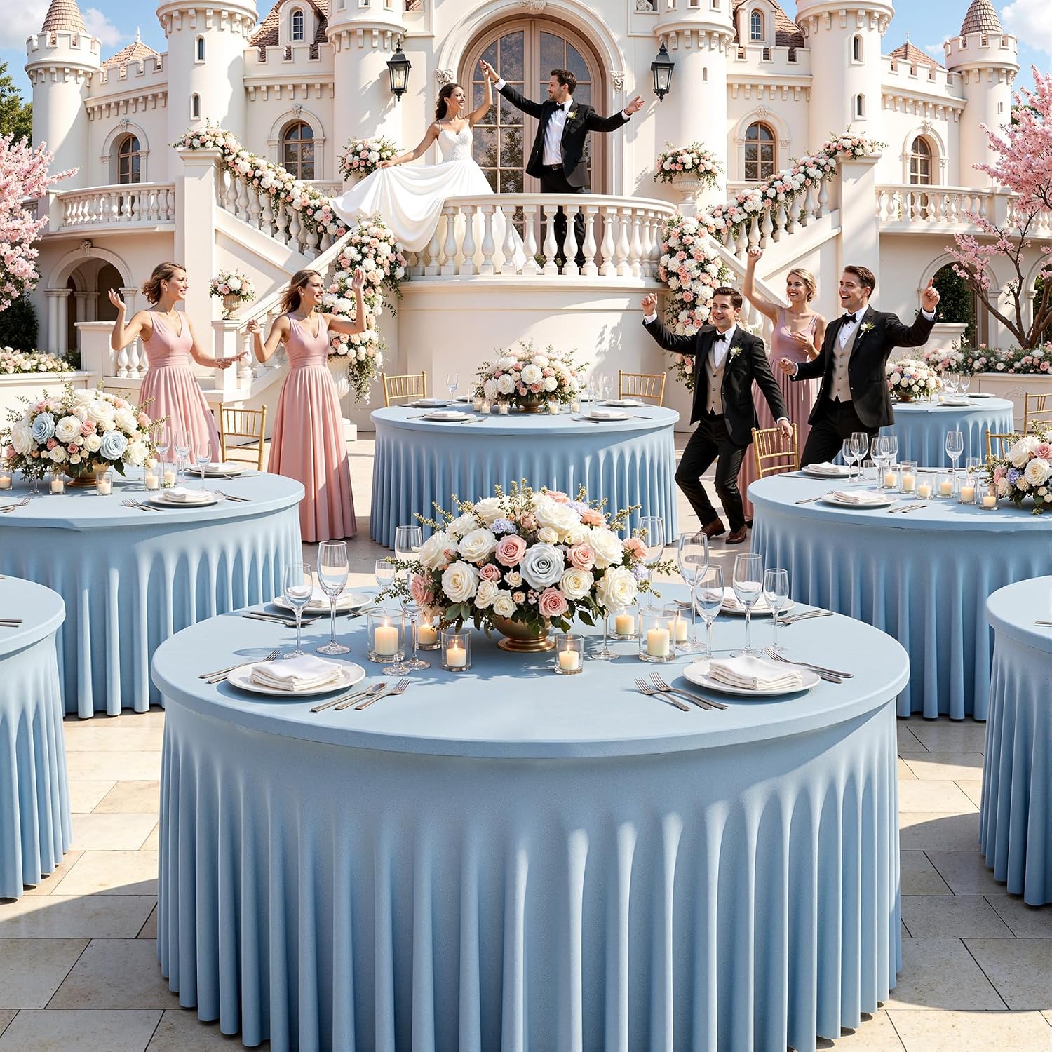 NSSONBEN 6 pk Dusty Blue Spandex Round Table Cloths for 60inch Table, Wrinkle Free 120inch Stretchy Fitted 5ft Round Table Covers with Skirt for Wedding Birthday Graduation Parties Banquet Events