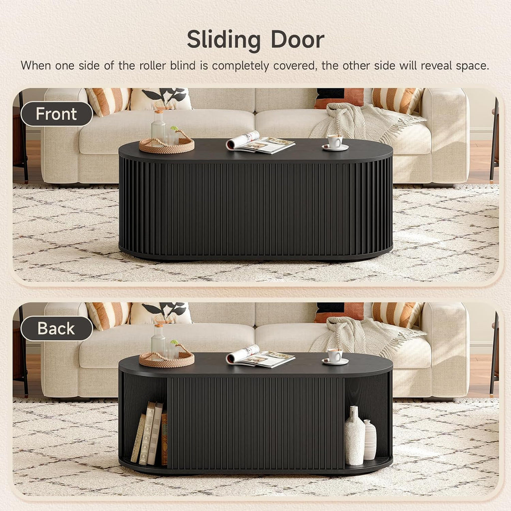 ONBRILL 47' Multi-Functional Coffee Table with Storage, Oval Coffee Table with Vertical Striped Sliding Door & Round Base, Mid-Century Modern Center Table with Adjustable Shelf for Living Room, Black