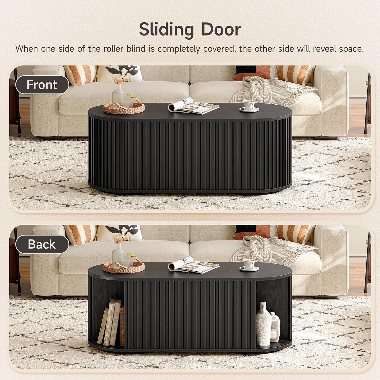 ONBRILL 47' Multi-Functional Coffee Table with Storage, Oval Coffee Table with Vertical Striped Sliding Door & Round Base, Mid-Century Modern Center Table with Adjustable Shelf for Living Room, Black