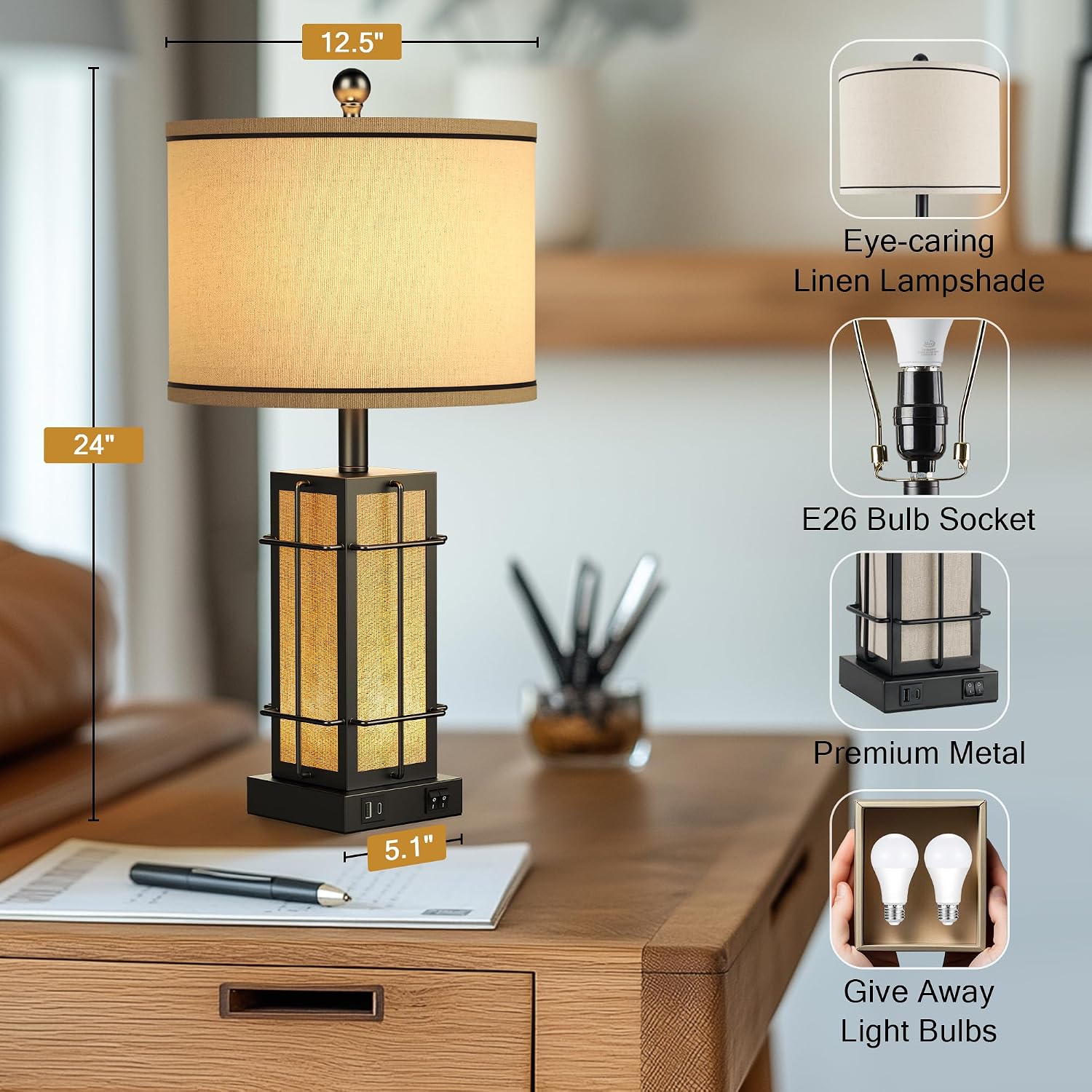 Black Table Lamps Set of 2, 24' Farmhouse Lamps for Living Room with USB C+A Ports, Industrial Retro Lamps for Bedroom, Nightstand Light Fixture, 2 Bulbs Included
