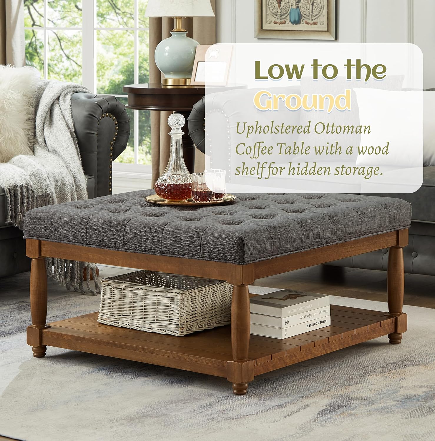 Ottoman Coffee Table, Upholstered Square Coffee Table with Storage Solid Wood Shelf, Linen Large Footrest Ottoman Pouf for Living Room, Charcoal