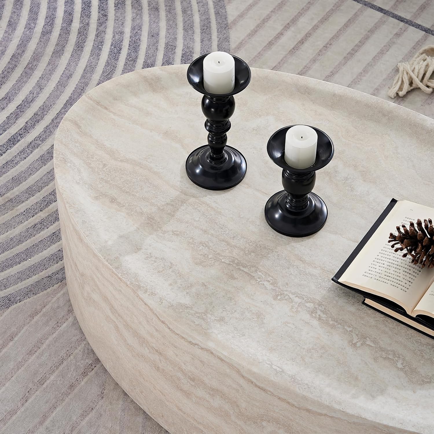Round Coffee Tables for Living Room, Faux Mars Pattern Pedestal Coffee Tables Mid Century Modern Minimalist Side Tables Travertine Stone Pattern Accent End Table for Apartment, Fibgerglass 43.7'