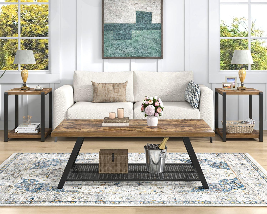 FOLUBAN Modern Coffee Table, Wood and Metal Coffee Tables for Living Room with Storage Shelf, Industrial Rectangle Cocktail Tea Table, Rustic Brown, 47 Inch