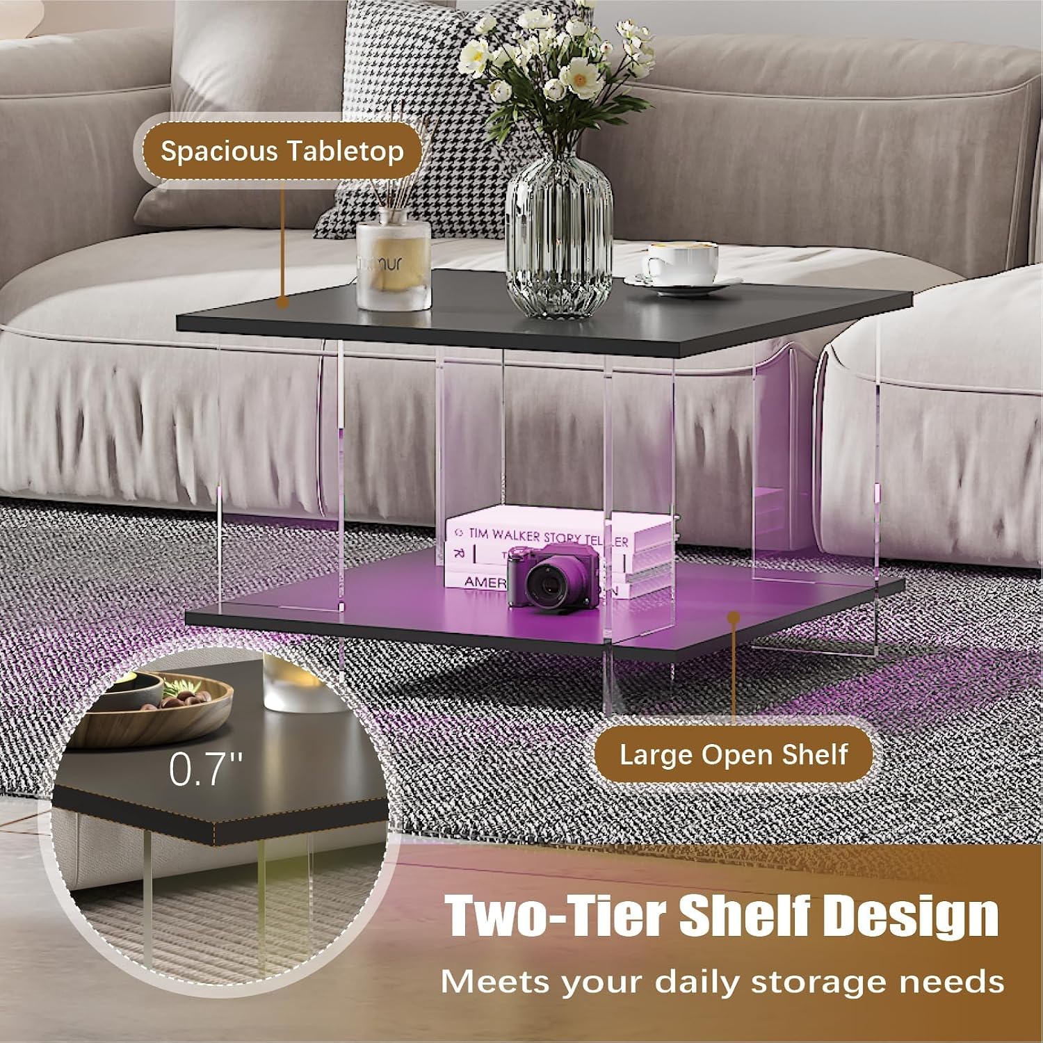 HedoAjim 24' Acrylic Coffee Table with Black Wood Tabletop, Minimalist Stylish Modern Square Center Table for Living Room,Led Living Room Table with Storage Shelf & Acrylic Frame for Small Space