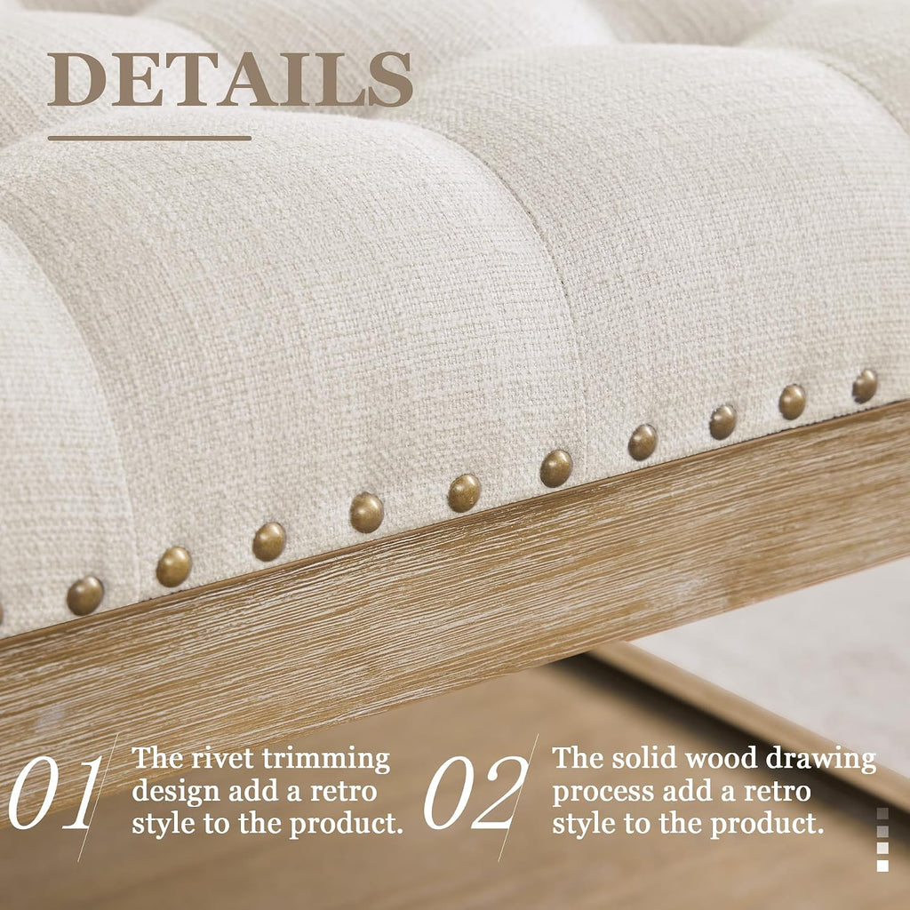 HUIMO 33-inch Large Square Ottoman Coffee Tables for Living Room, Tufted Upholstered Linen Ottoman with Storage Shelf and Solid Legs for Office Bedroom Farmhouse (Beige)
