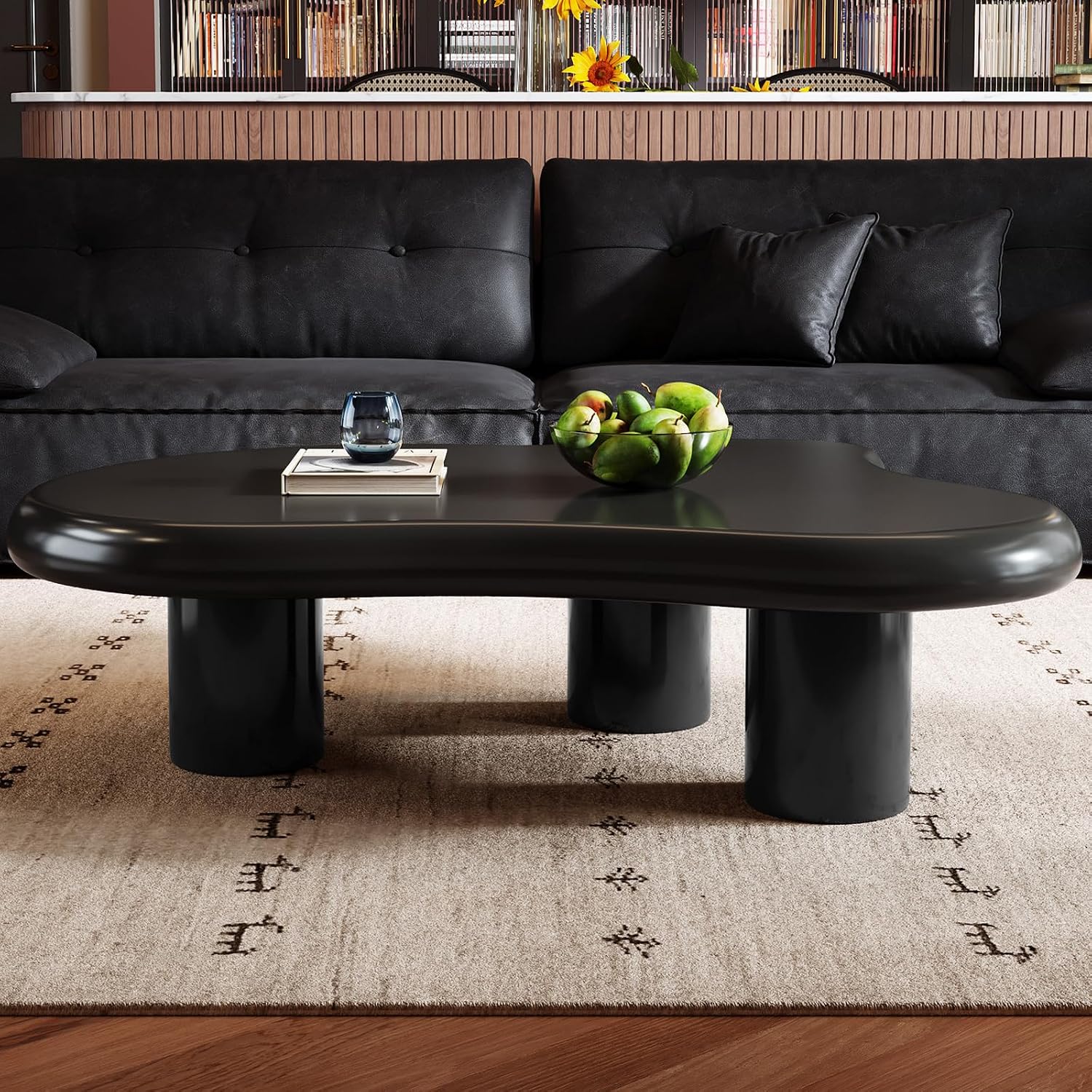 46.06' Cloud Shape Coffee Table, Modern Round Edge Black Coffee Table with 3 Sturdy Support Legs and 3.14' Thick Tabletop for Living Room, Bedroom
