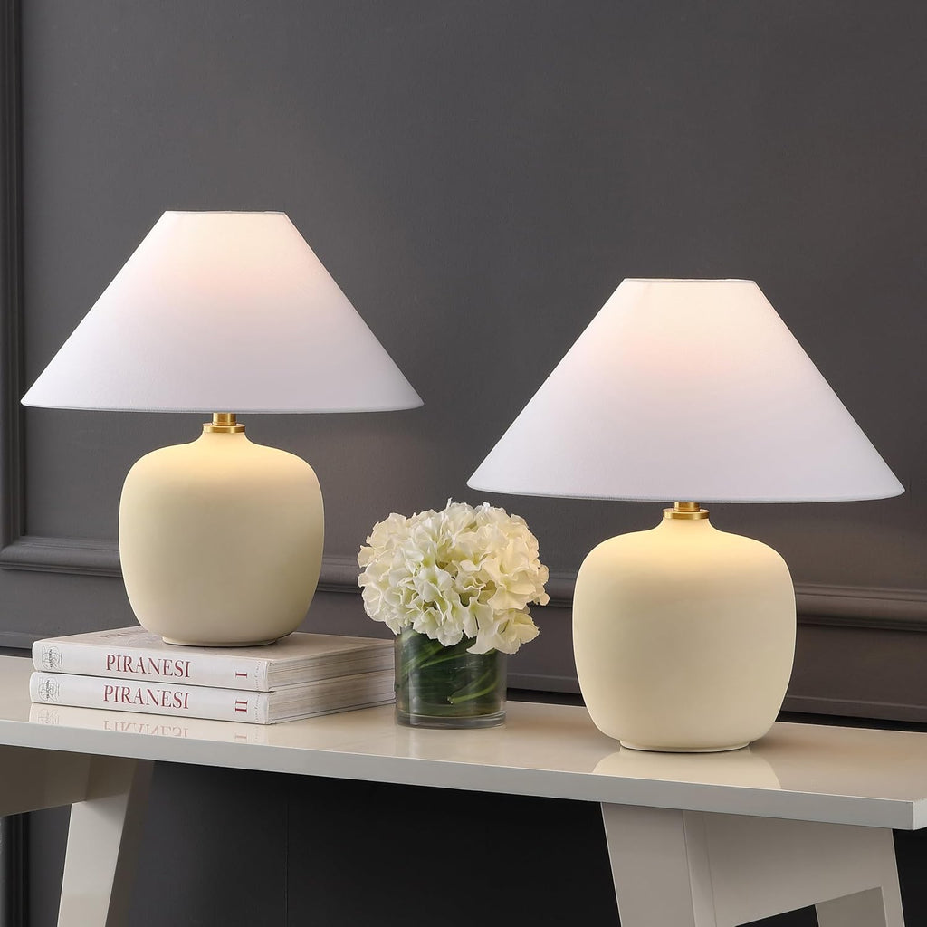 JONATHAN Y 18.25' Matte Cream Minimalist Table Lamps Set of 2 for Bedroom, White Linen Shade, Modern Scandinavian Bedside Lamps for Living Room Nightstand, LED Bulbs Included (JYL5600B-SET2)