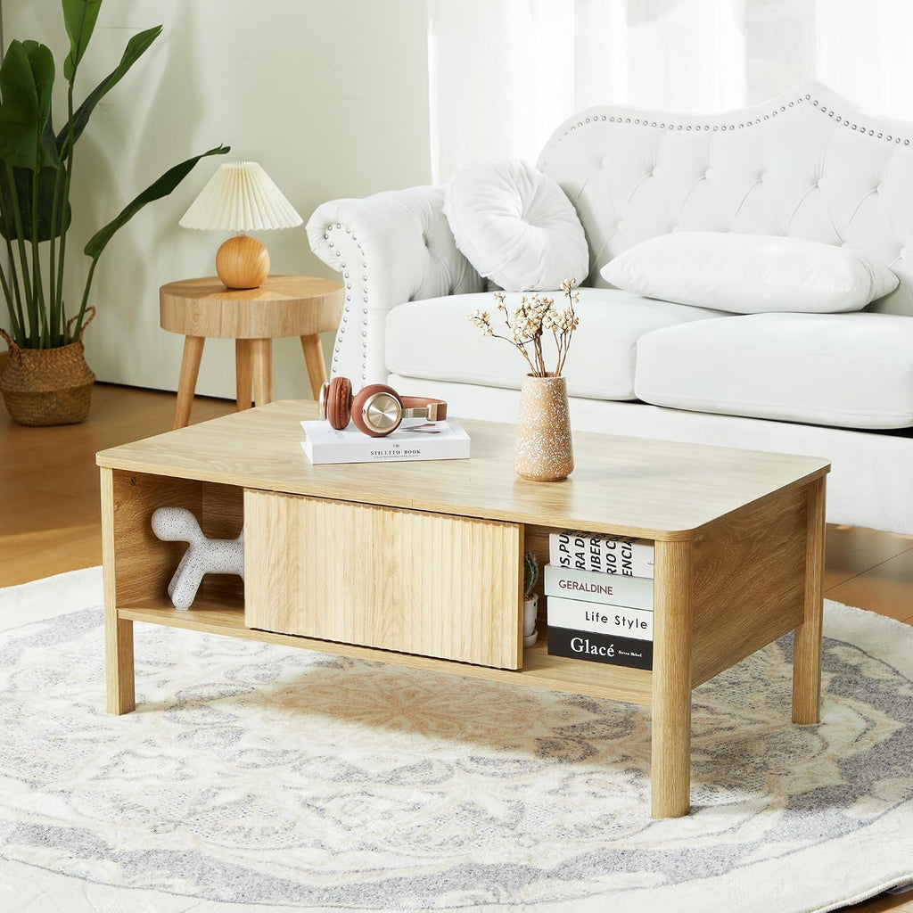 TV Stand and Coffee Table Set, Rectangle Fluted Coffee Table and TV Stand with Storage and Sliding Doors, Light Wood Coffee Table and TV Stand Set, Mid Century Modern Boho Style (Natural)