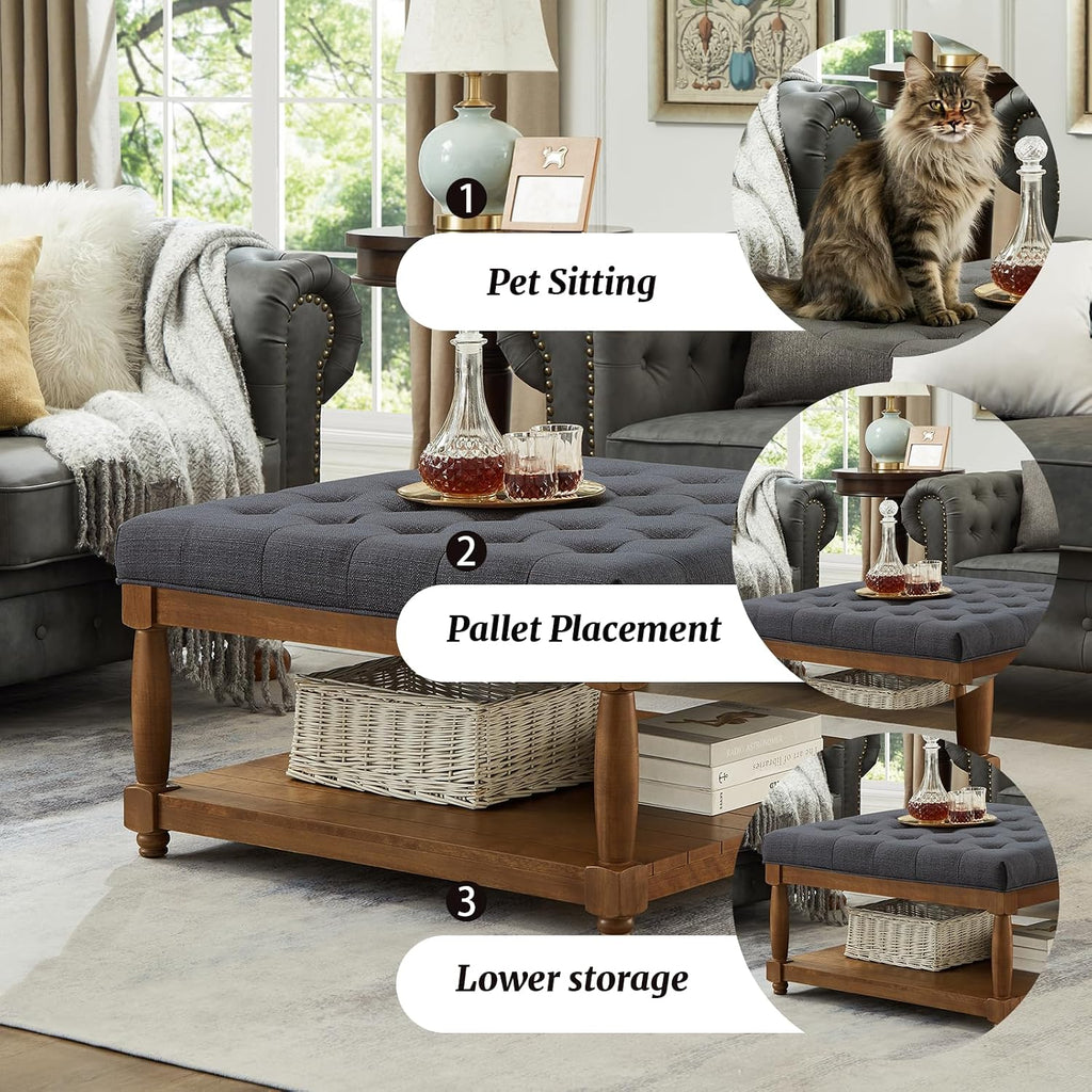 Ottoman Coffee Table, Upholstered Square Coffee Table with Storage Solid Wood Shelf, Linen Large Footrest Ottoman Pouf for Living Room, Charcoal
