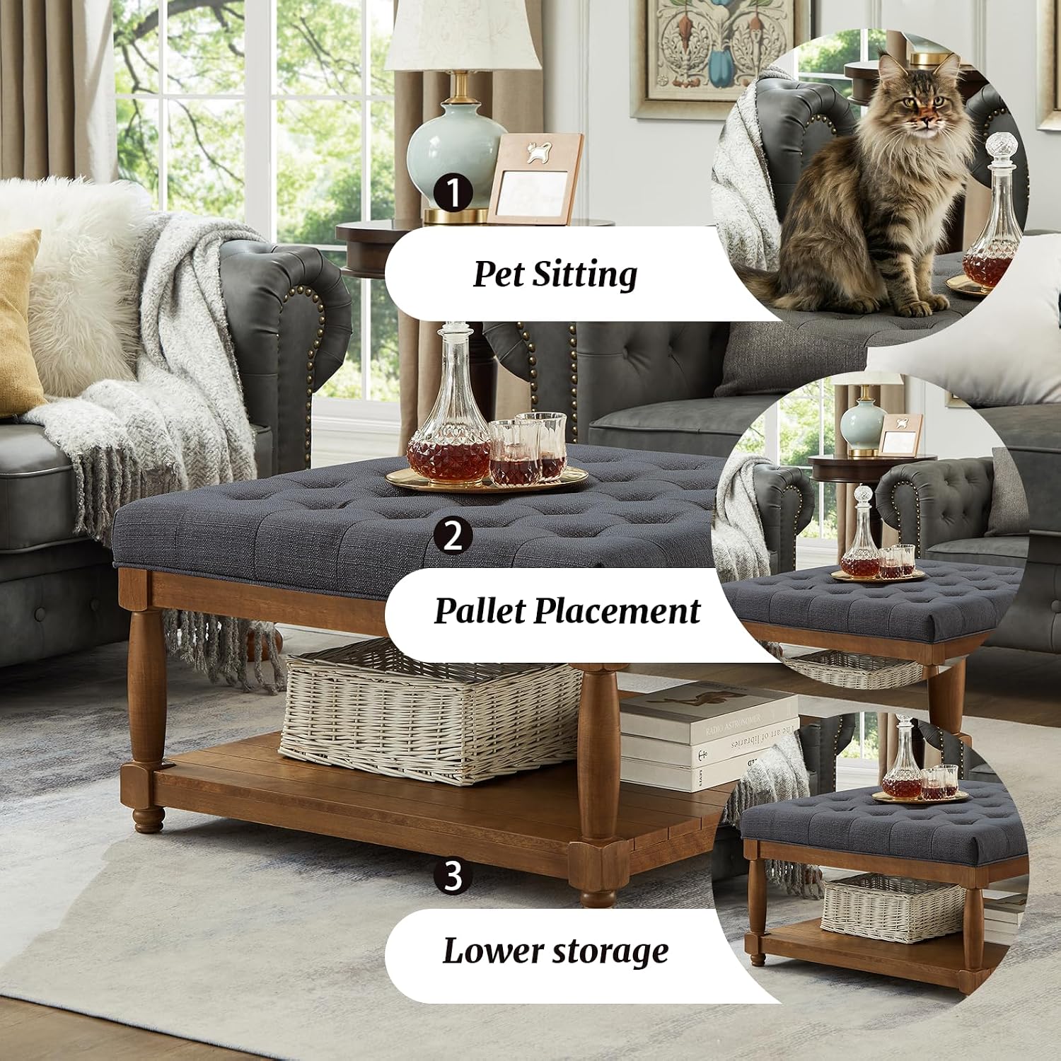 Ottoman Coffee Table, Upholstered Square Coffee Table with Storage Solid Wood Shelf, Linen Large Footrest Ottoman Pouf for Living Room, Charcoal
