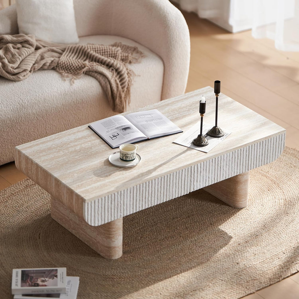 46.8' Coffee Table with Faux Marble Tabletop,Mid Century Modern Coffee Table with Fluted Drawer for Living Room,Office,Beige Brown