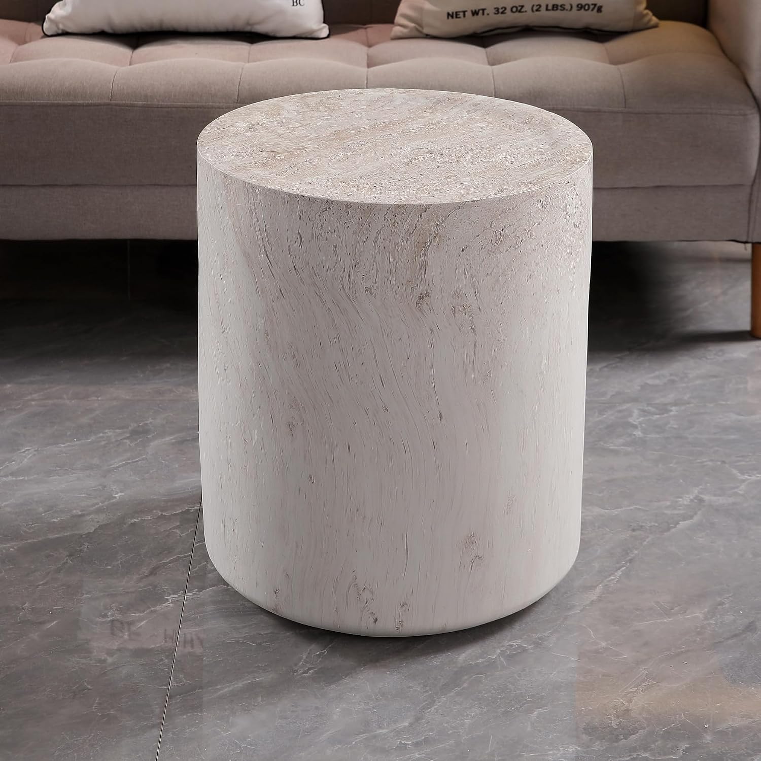 WILLIAMSPACE 15.75' Round End Table in Faux Marble, Modern Circle Drum Stone Side Table Travertine Small Coffee Table for Living Room, Outdoor, Magnesium Oxide, No Need Assembly, Light Beige