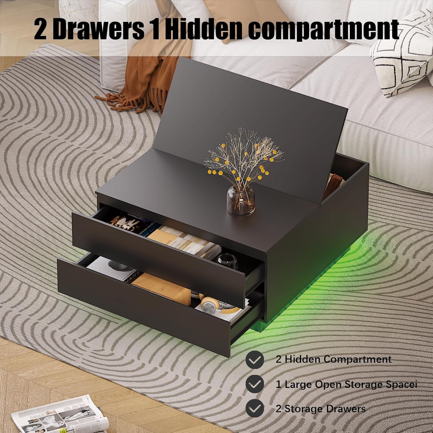 HedoAjim Square Coffee Tables with Storages, Modern Black Coffee Table for Living Room, Flip Cover Coffee Tables and 2 Spacious Drawers, Coffee Table with LED Light