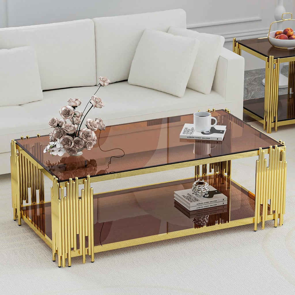 Brown Glass Coffee Table Modern Gold Living Room Table Luxury Stainless Steel Metal Leg 43' Rectangular Tempered Glass Center Tables for Home Office
