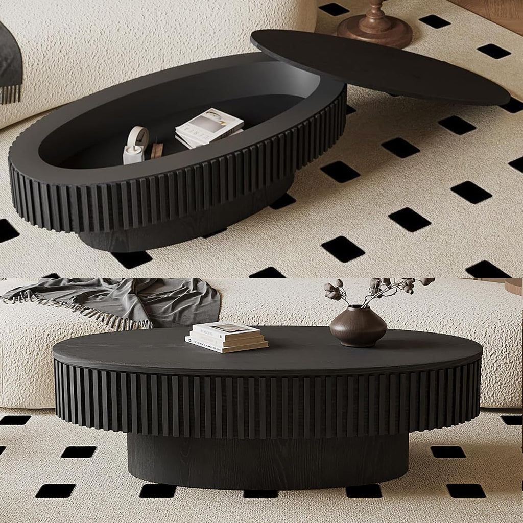 Black Oval Coffee Table with Storage for Living Room Fluted Coffee Table with Lid 47.2'' Modern Olive-Shaped Center Tables Pedestal Accent Tea Table for Apartment
