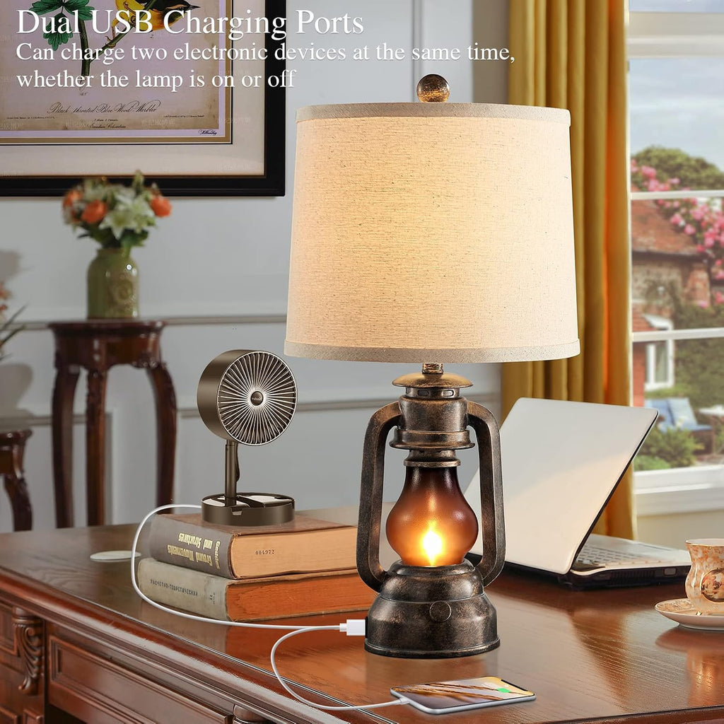 Farmhouse Lantern Table Lamps for Living Room Set of 2, Vintage Bedroom Resin Lamp with Dual USB Charging Ports, Rustic Retro Bedside Nightstand Desk Lamp, 4 Bulb Included