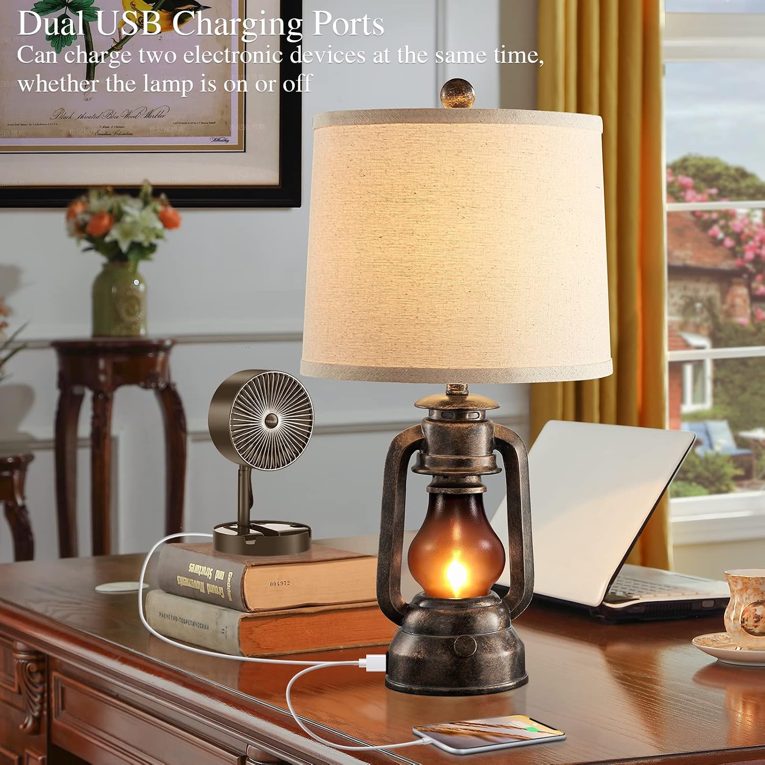 Farmhouse Lantern Table Lamps for Living Room Set of 2, Vintage Bedroom Resin Lamp with Dual USB Charging Ports, Rustic Retro Bedside Nightstand Desk Lamp, 4 Bulb Included