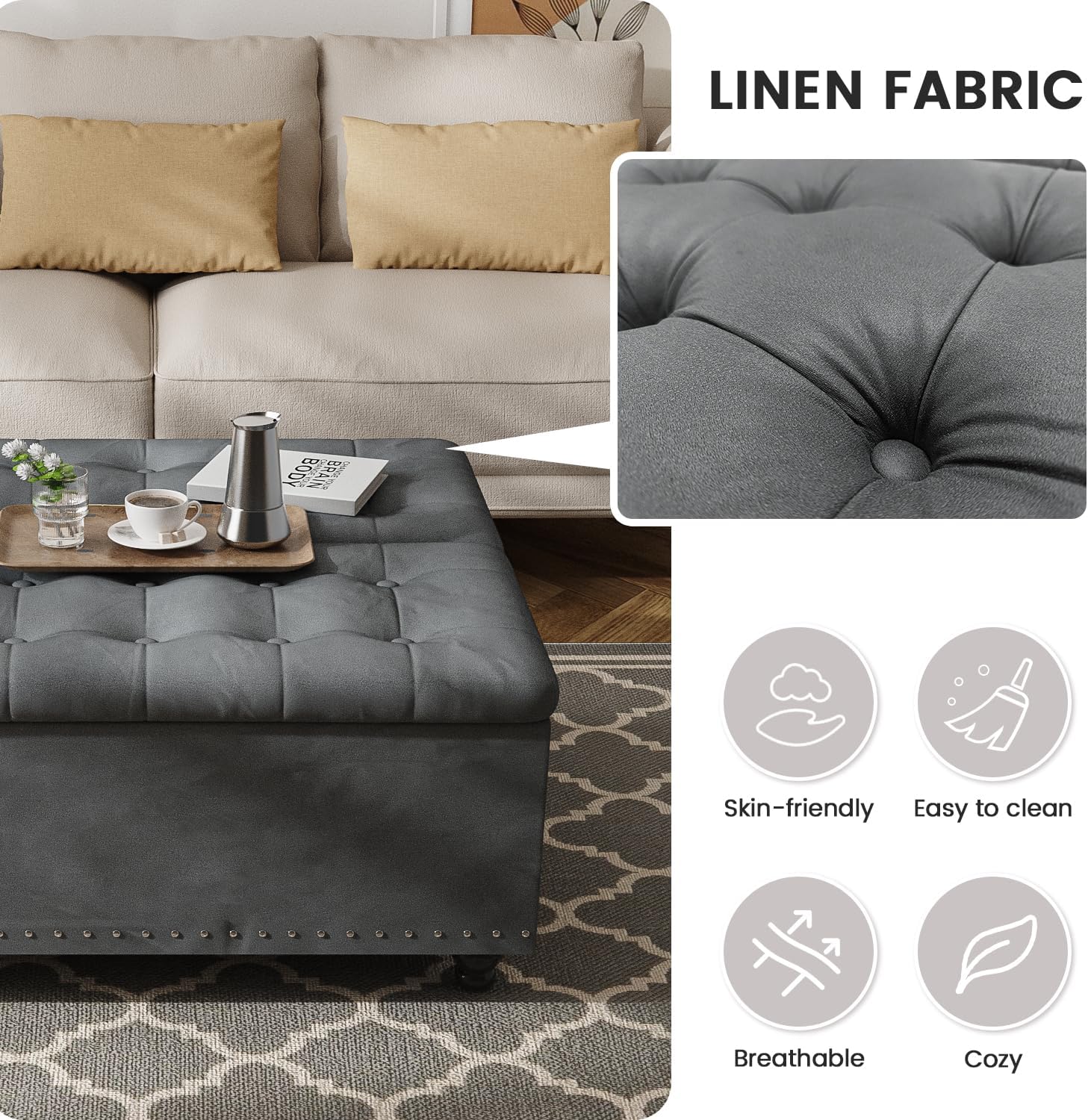 FUXA 35 Inch Large Square Ottoman with Storage, Oversized Ottoman Coffee Table with Lift Top and Wood Legs, Tufted Upholstered Storage Ottoman Bench for Living Room (Gray)