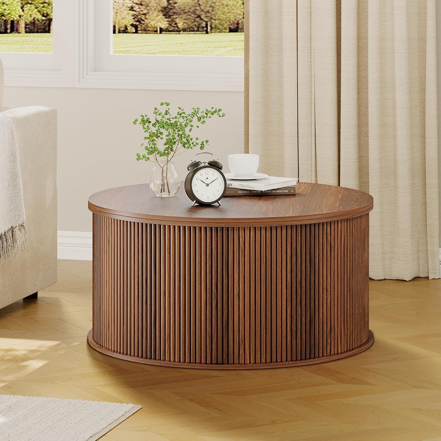 Lift Top Coffee Table, Fluted Round Coffee Table with Storage, Farmhouse Center Dining Table Circle Table for Living Room, Apartment, Home Office (Walnut)