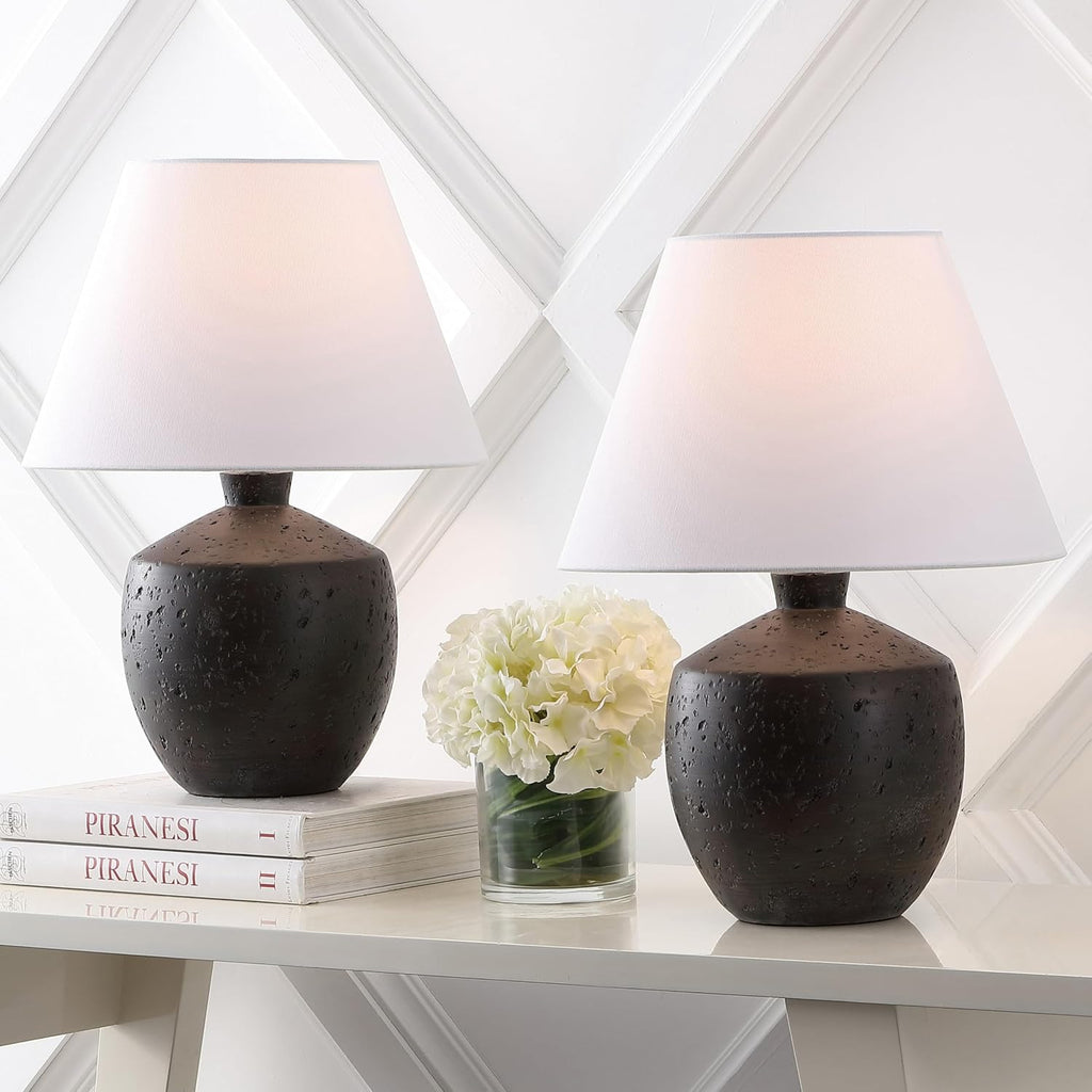 JONATHAN Y 18' Black Modern Concrete Effect Table Lamp Set of 2, Scandinavian Bedside Lamps for Bedroom Living Room, White Linen Shade, LED Bulbs Included (JYL5606B-SET2)