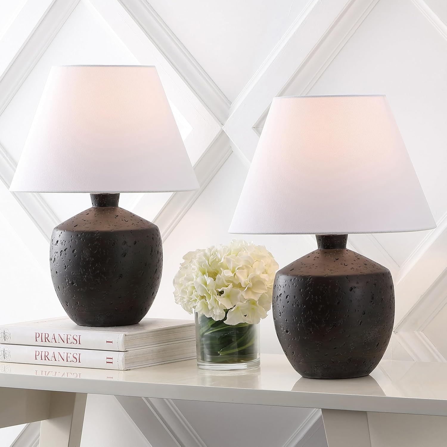 JONATHAN Y 18' Black Modern Concrete Effect Table Lamp Set of 2, Scandinavian Bedside Lamps for Bedroom Living Room, White Linen Shade, LED Bulbs Included (JYL5606B-SET2)
