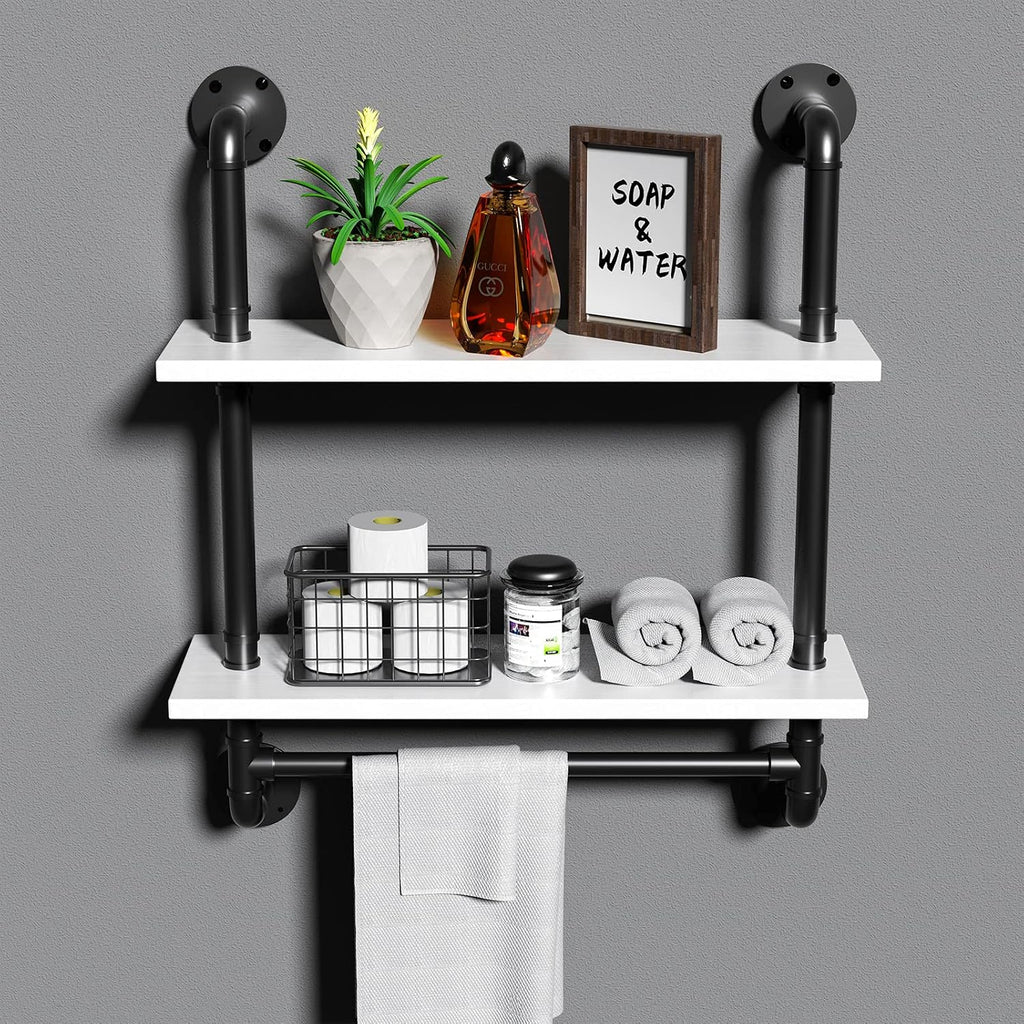 24in Industrial Pipe Shelving Bathroom 2 Tier Shelves with Towel Bar Retro White Rustic Farmhouse Pipe Industrial Wall Shelves Over Toilet for Storage