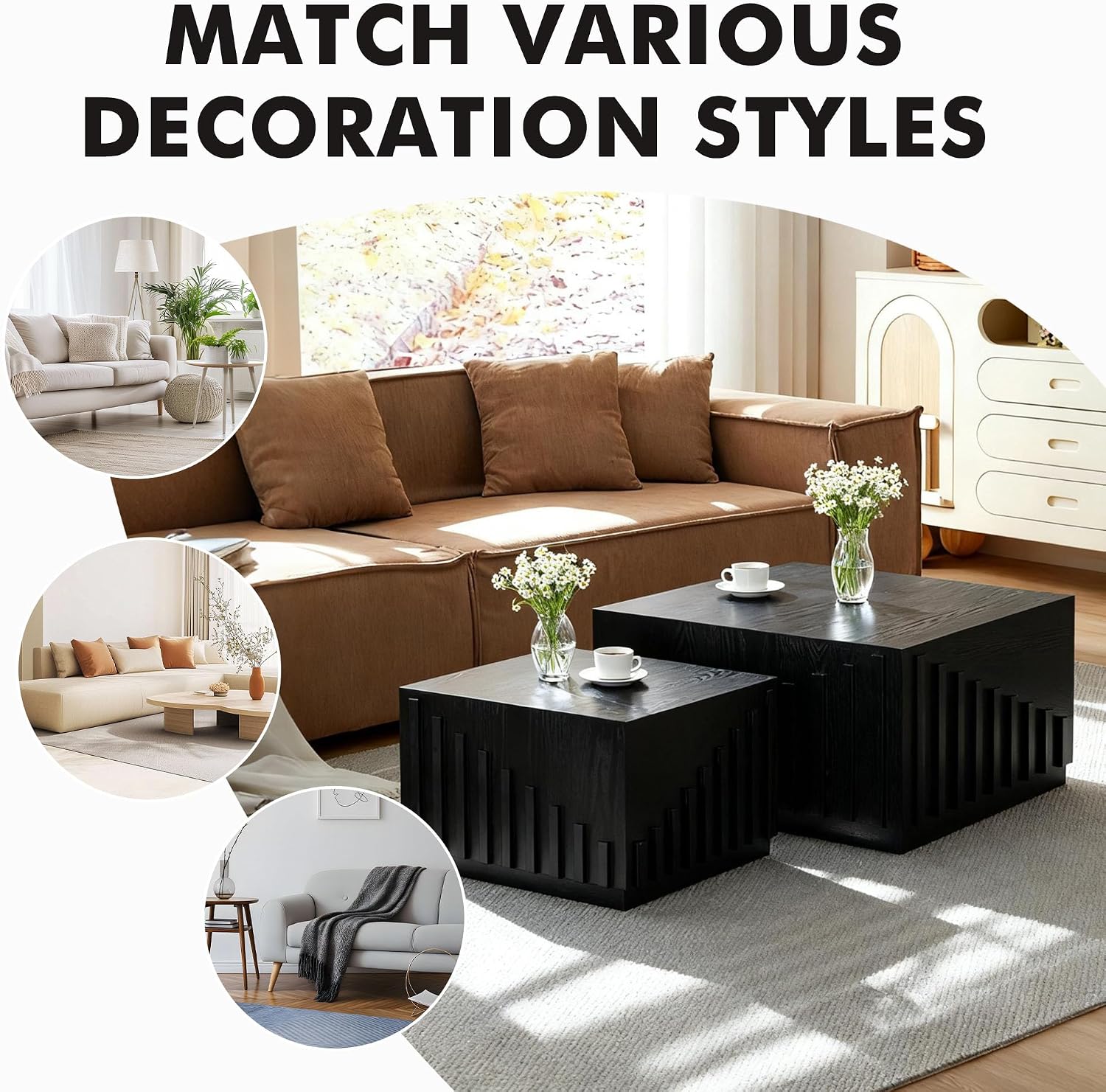 Black Nesting Tables for Living Room, Set of 2, Square Nesting Coffee Table Farmhouse Wooden Fluted Coffee Table, Modern Small Center Table End Side Table for Small Spaces Bedroom Balcony Office