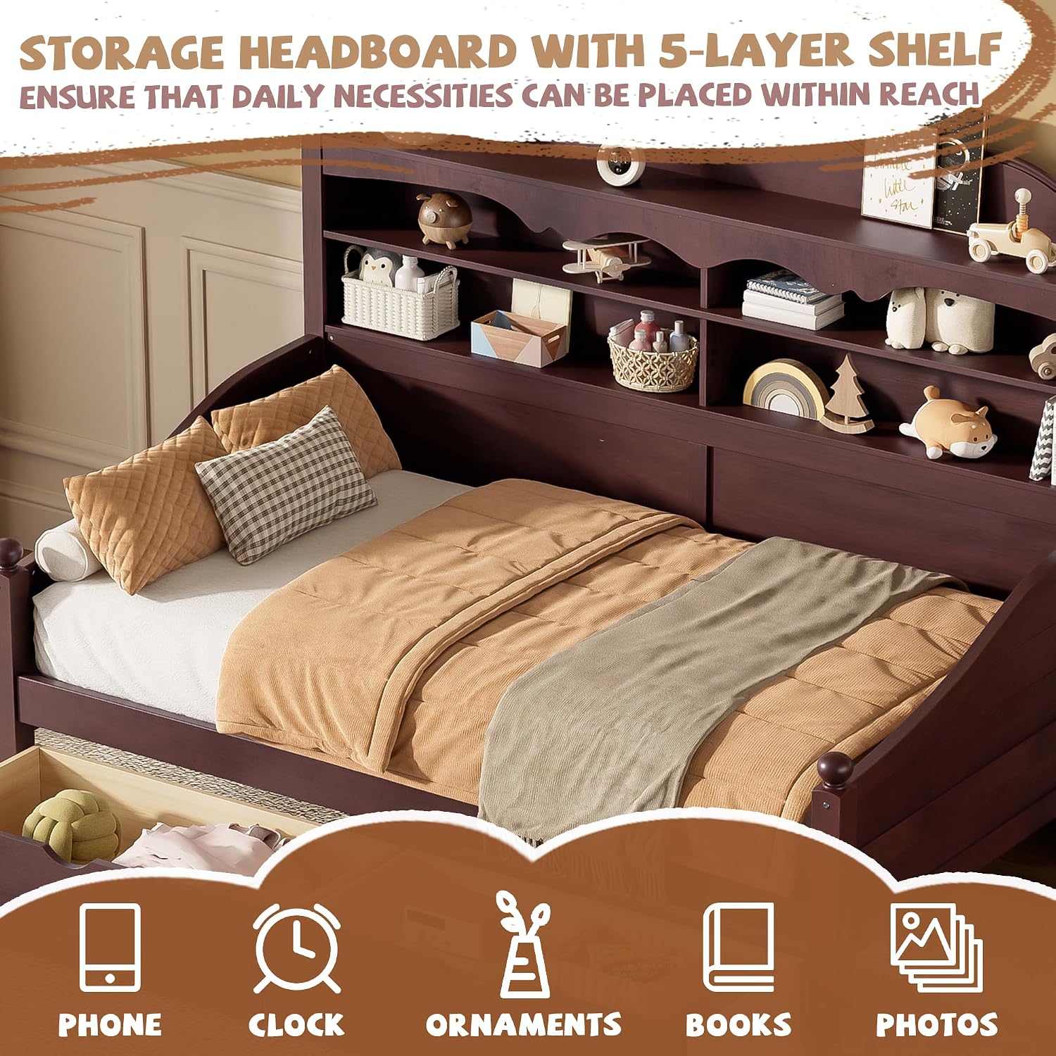 Harper & Bright Designs Captain's Bed with 2 Storage Drawers and Bookcase Headboard,Twin Size Wood Day Bed Frame with Sturdy Slats Support,Espresso