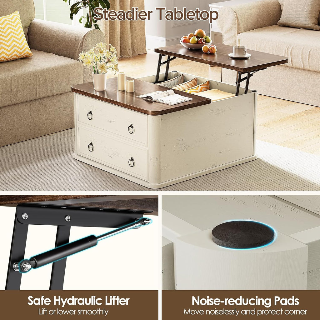 Memobarco 31.5' Lift Top Coffee Table with Storage,Square Coffee Tables with Lifting top for Living Room,Farmhouse Coffee Table with Storage Drawers and Large Hidden Compartment,Rustic White+Walnut