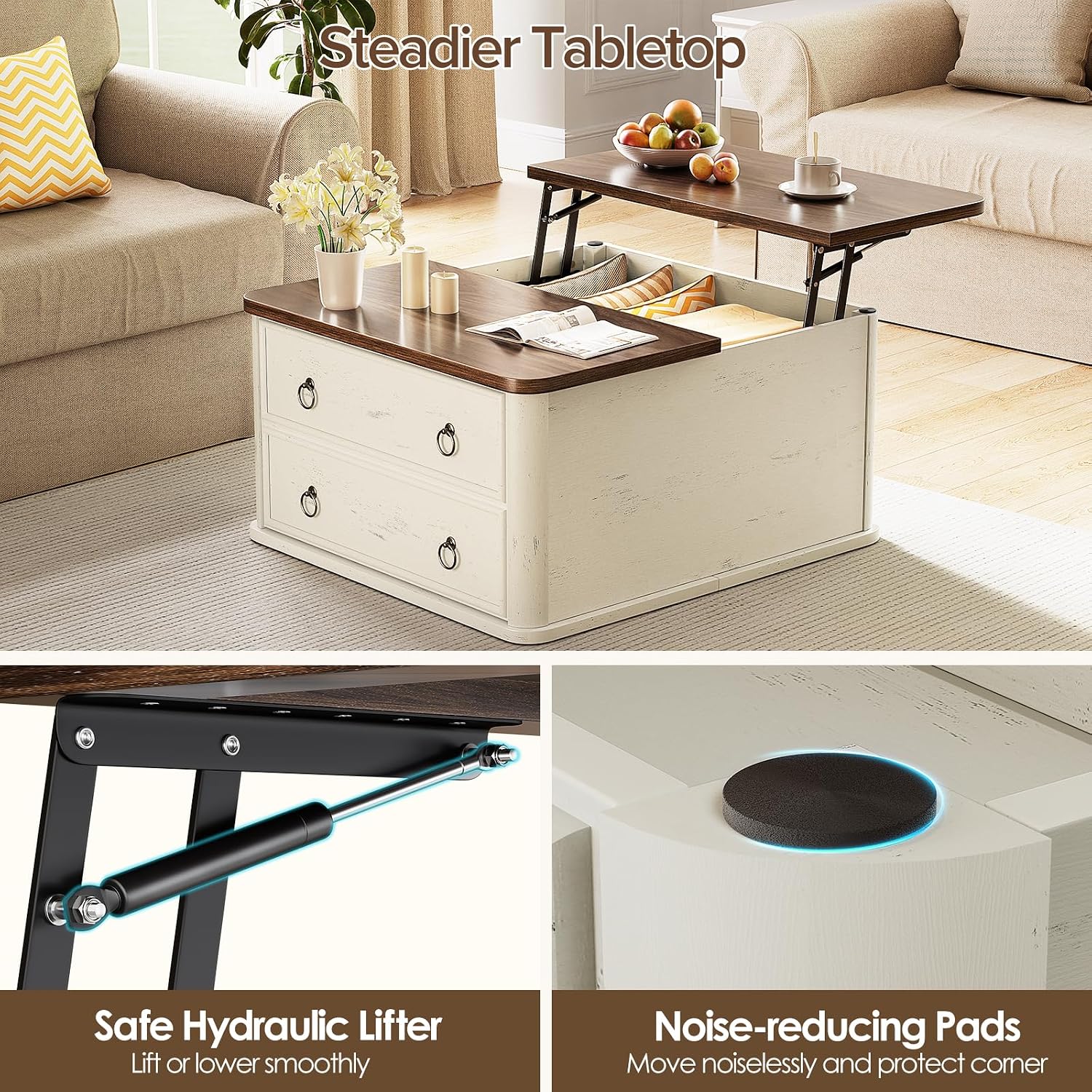 Memobarco 31.5' Lift Top Coffee Table with Storage,Square Coffee Tables with Lifting top for Living Room,Farmhouse Coffee Table with Storage Drawers and Large Hidden Compartment,Rustic White+Walnut
