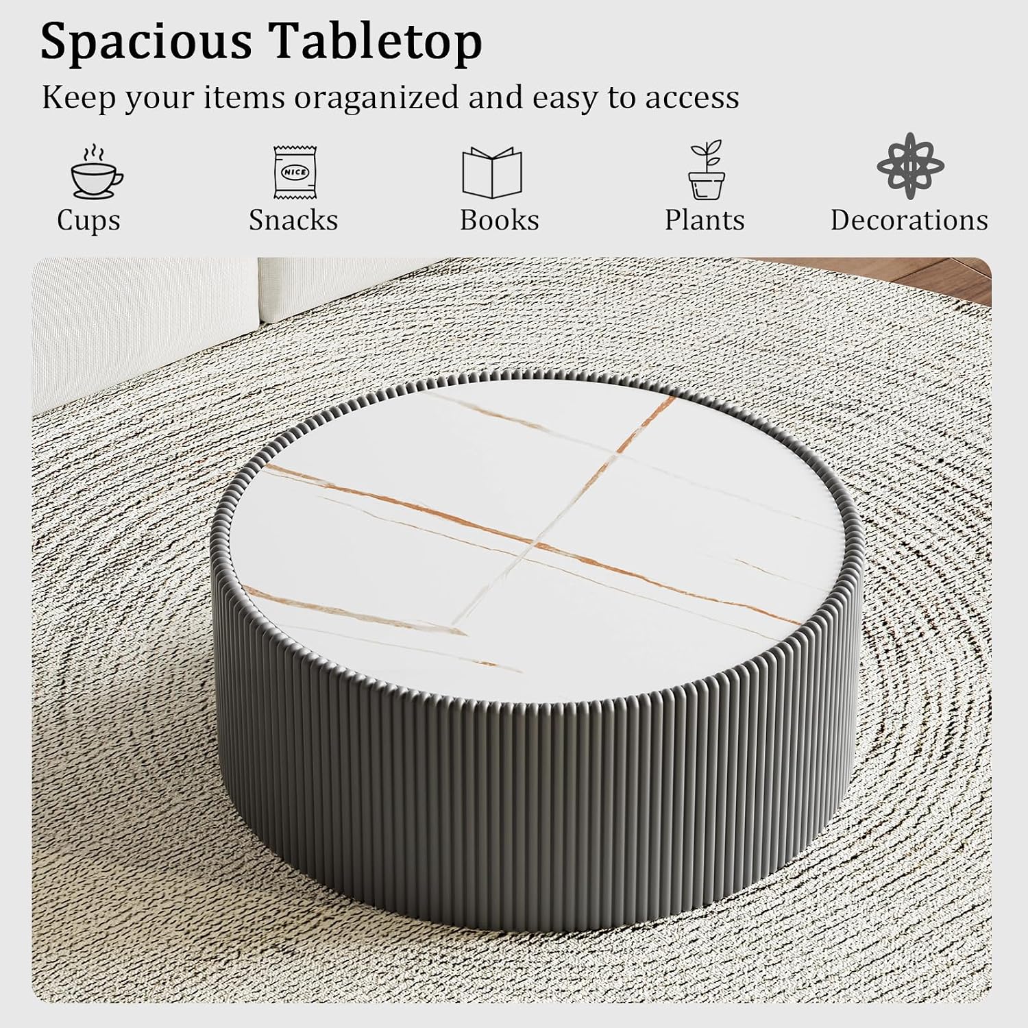 Round Coffee Table Set with Sintered Stone Tabletop, 29.52' Grey Drum Center Table and 17.71' Black Coffee Table Set, 2 Pieces Living Room Table Set with Fluted PU Leather Cover& Stable Base