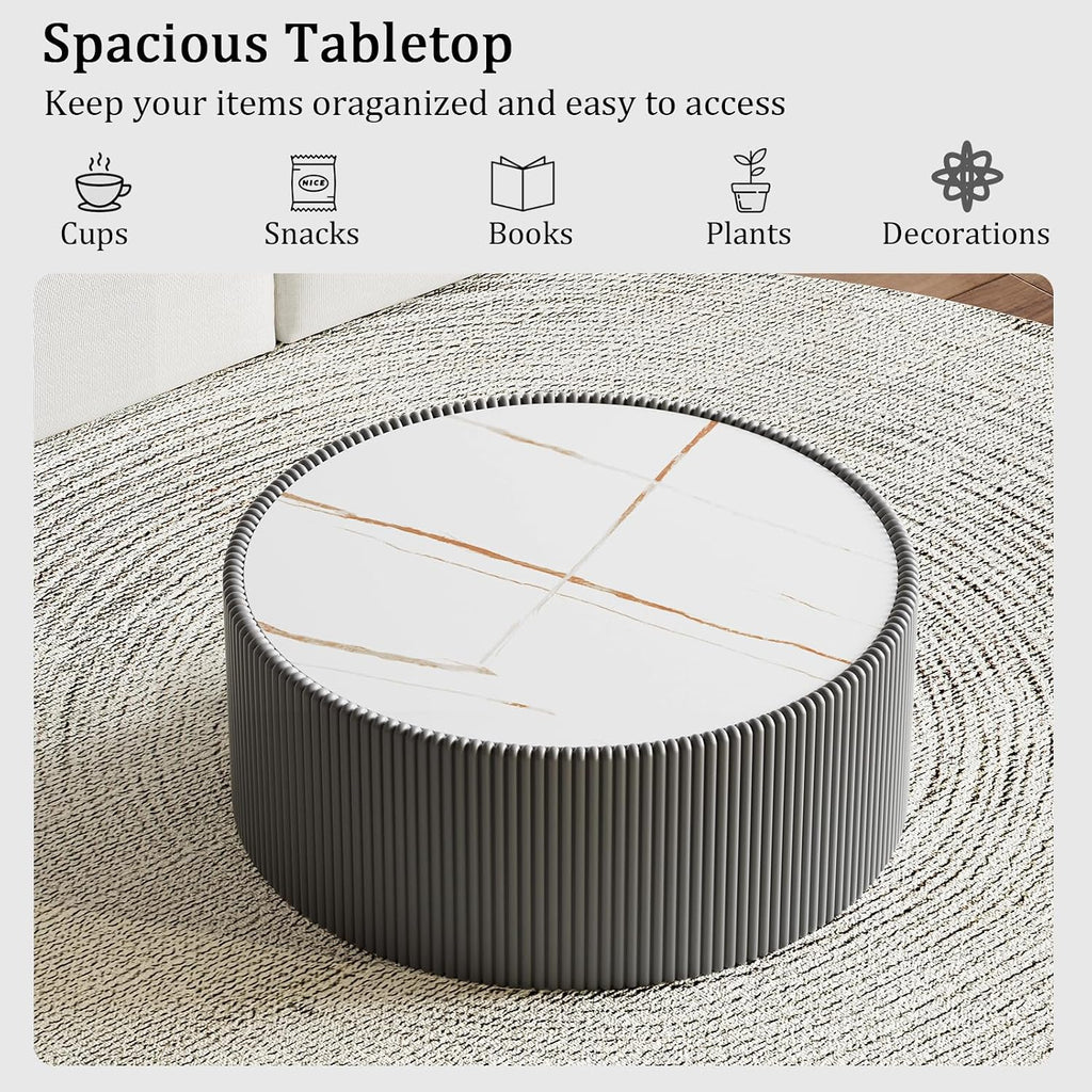 Round Coffee Table Set with Sintered Stone Tabletop, 29.52' Grey Drum Center Table and 17.71' Grey Coffee Table Set, 2 Pieces Living Room Table Set with Fluted PU Leather Cover& Stable Base