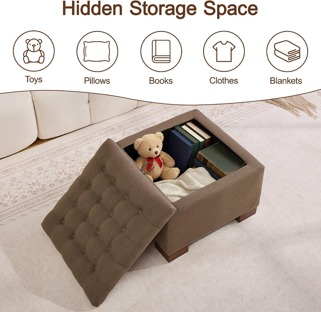 WUTUTUEE 24' Fabric Square Storage Ottoman with Wooden Tray, Modern Tufted Button Footstool Coffee Table, Upholstered Small Ottoman for Living Room, Bedroom, Brown
