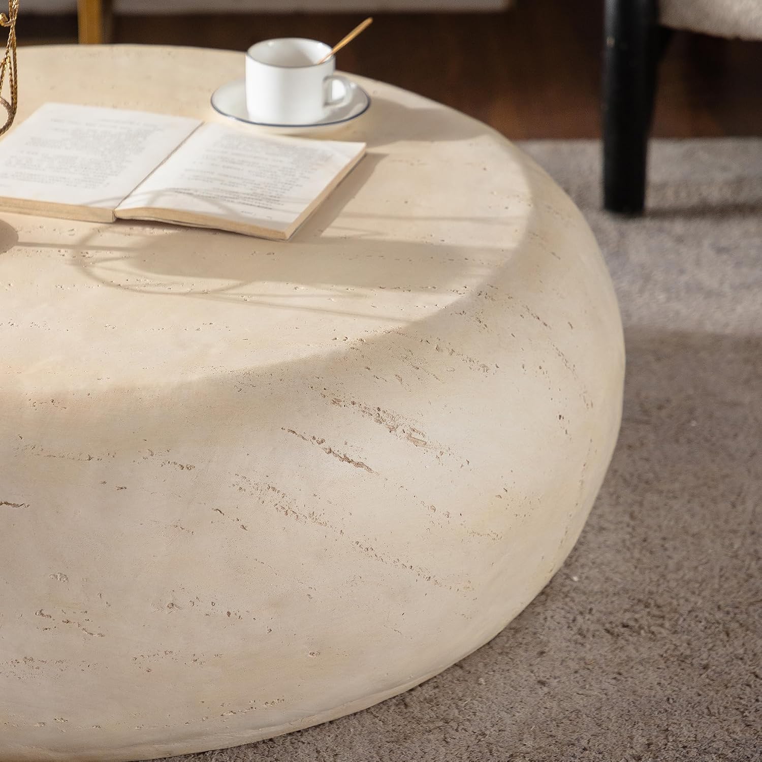 35.43' Round MgO Coffee Table for Living Room, Mid-Century Modern Vintage Faux Stone Circle Center SideTable for Living Room No Assembly, Beige