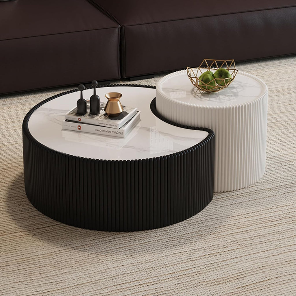 Black Round Coffee Table with Sintered Stone Tabletop, 29.53' Drum Coffee Table with Fluted PU Leather Covered and Stable Base, Circle Cocktail Tea Table for Living Room